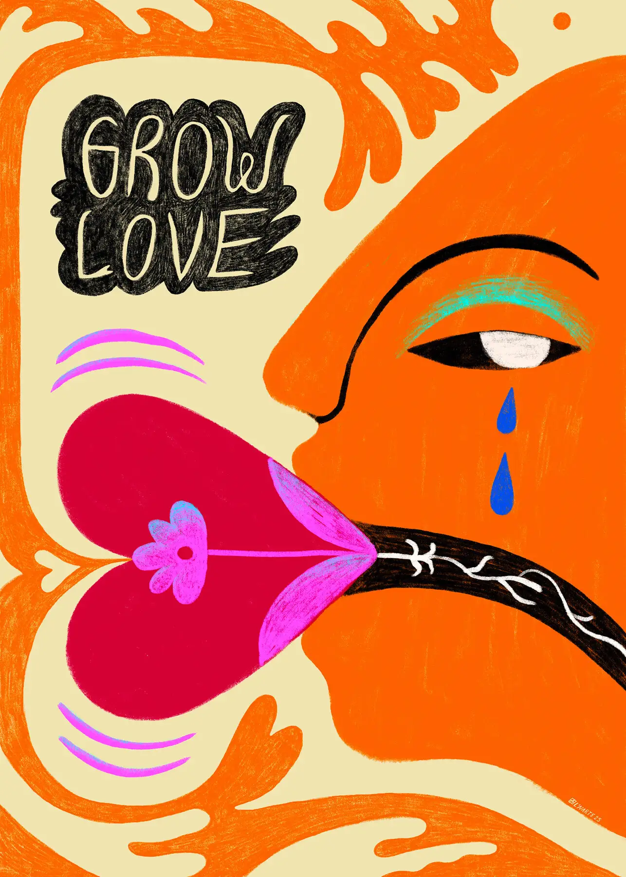 Grow Love — ansikte med blomma, digital illustration av Amandah L'Narte