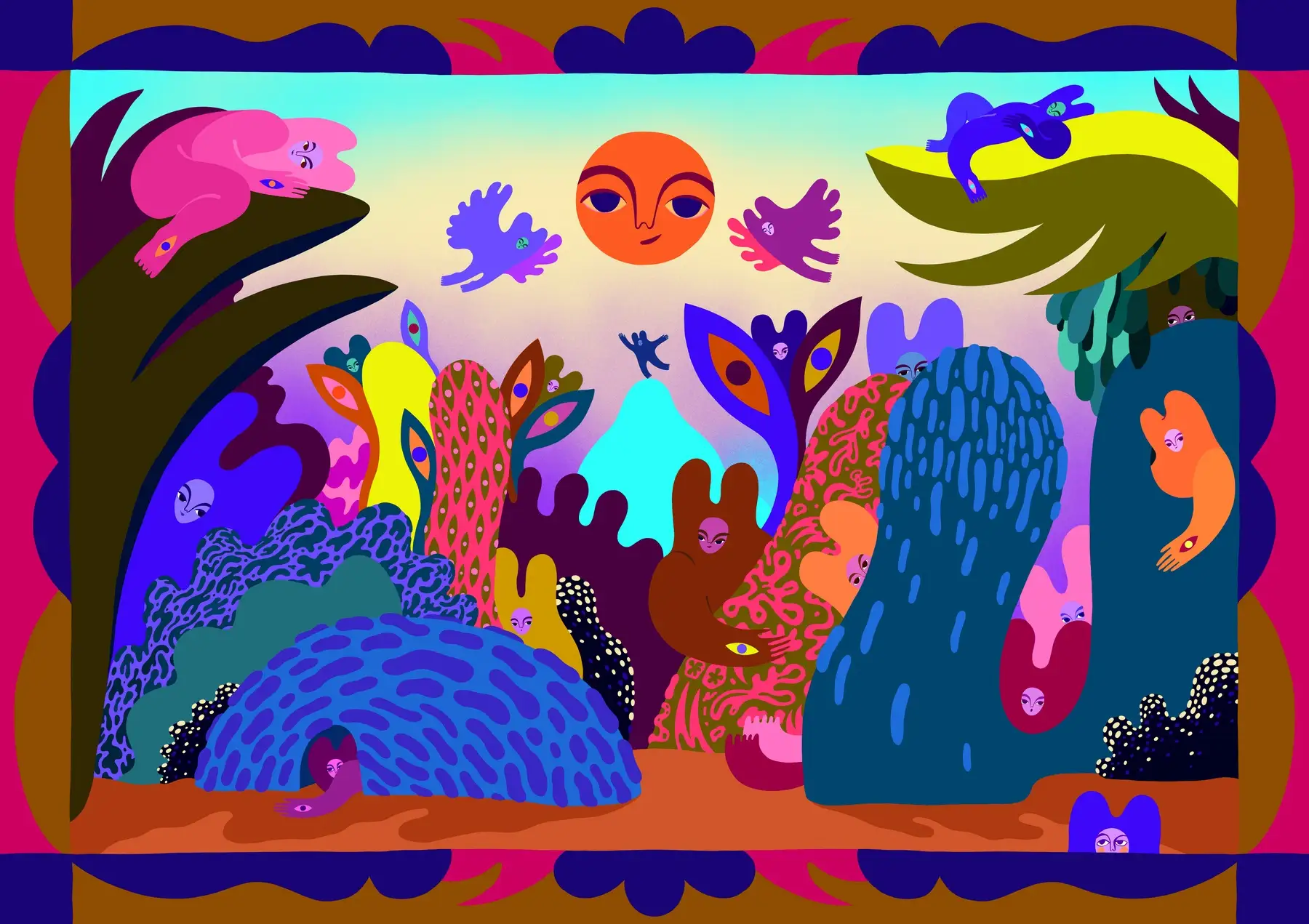 How many sphercles? — liggande digital illustration med dekorativ bård i magenta, mörkblått och ockra: ett kuperat fantasilandskap av runda kullar och bladformer i koboltblått, lila, rosa och senapsgult där små figurer med ansikten kikar fram överallt, under en orange sol med ansikte, två flygande fågelfigurer och en liten blå figur på en turkos bergstopp, av Amandah L'Narte