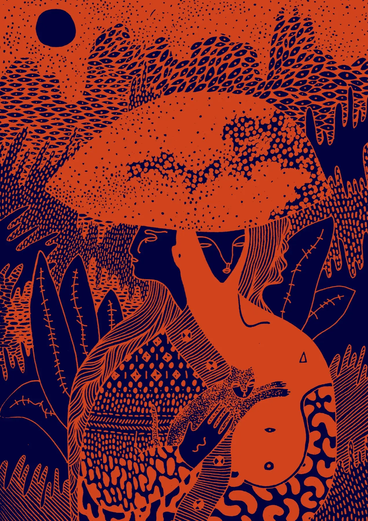 Red Sky Walk — illustration i orange och mörkblått: en figur vandrar under en stor svamplik trädkrona genom tät vegetation, med en mörk sol på röd himmel, av Amandah L'Narte