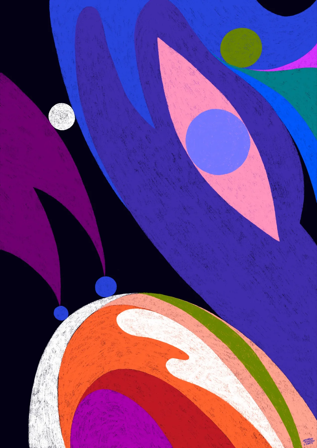 The Paragon (abstract one) — svepande blad- och bågformer i koboltblått, violett och lila mot mörk botten, med en rosa droppform kring en blå cirkel och en båge i orange, rött och vitt nedtill, av Amandah L'Narte