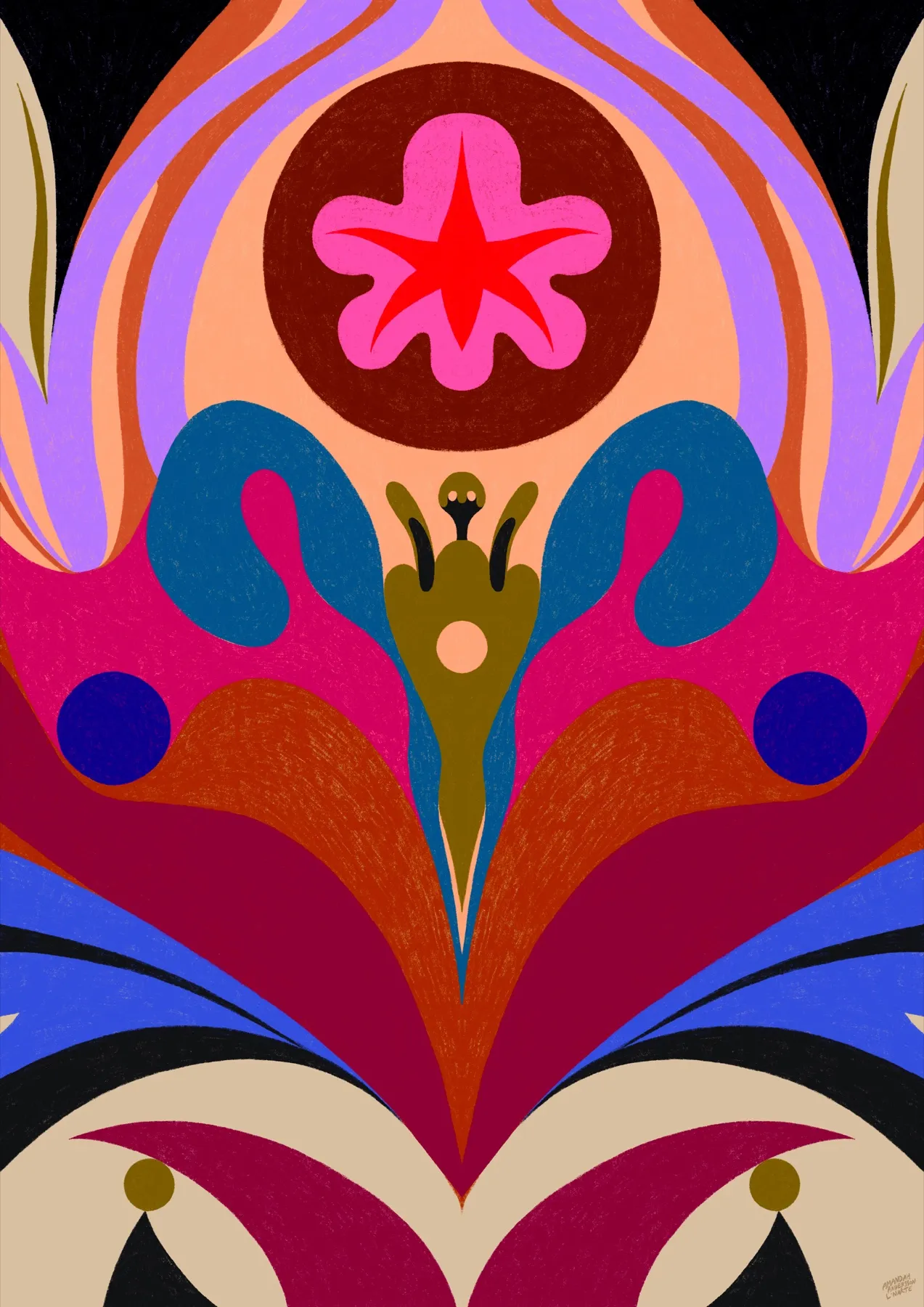 The Paragon (abstract three) — symmetrisk detalj kring den rosa stjärnblomman i en mörkröd cirkel, omgiven av kronblad i lila, persika, magenta och petrolblått, av Amandah L'Narte
