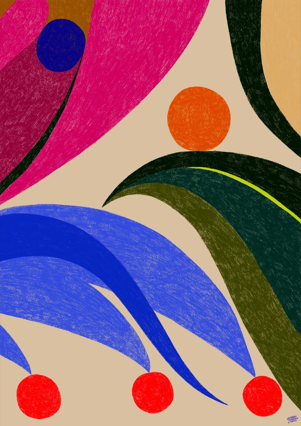The Paragon (abstract two) — böjda bladformer i koboltblått och mörkgrönt med en lime-grön kantlinje, en orange sol och röda klot mot varmbeige botten, med former i magenta överst, av Amandah L'Narte