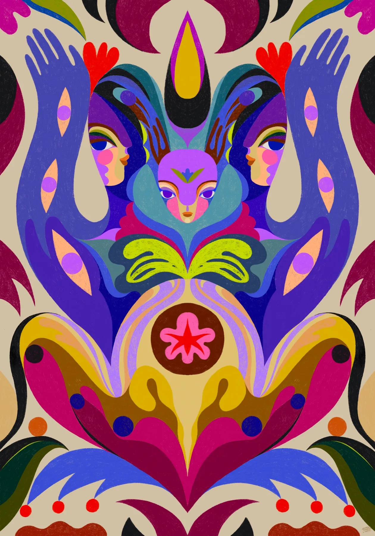 The Paragon (daylight) — symmetrisk digital illustration mot ljusbeige botten: tre ansikten omfamnade av stora blåvioletta händer, mittfiguren med ett litet blad i pannan, under dem limegröna blad och en lotusform i guld och magenta med en rosa stjärnblomma, av Amandah L'Narte