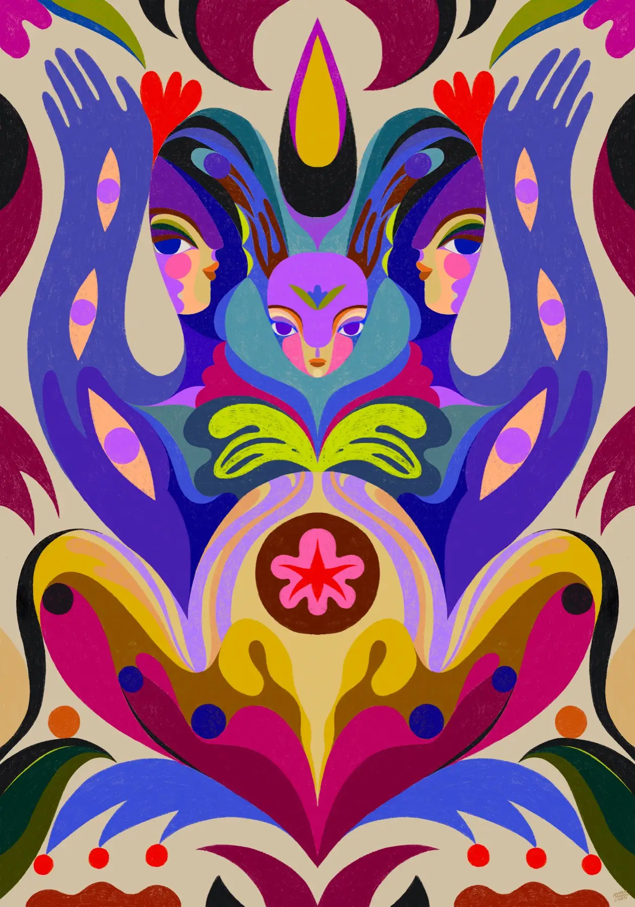 The Paragon (daylight) — symmetrisk digital illustration mot ljusbeige botten: tre ansikten omfamnade av stora blåvioletta händer, mittfiguren med ett litet blad i pannan, under dem limegröna blad och en lotusform i guld och magenta med en rosa stjärnblomma, av Amandah L'Narte