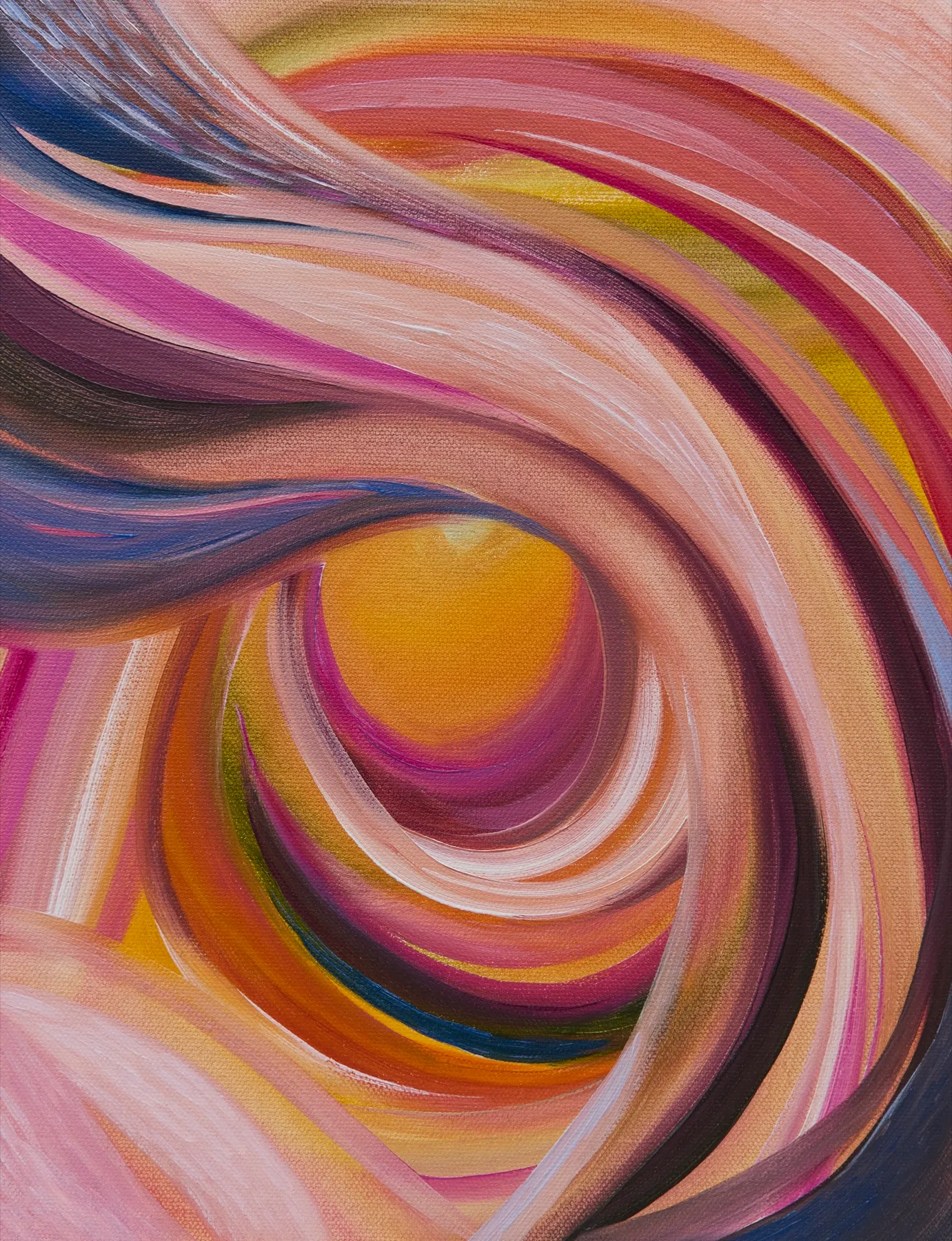Swirling brushstrokes in pink, peach, magenta and blue-violet close around a glowing yellow centre.