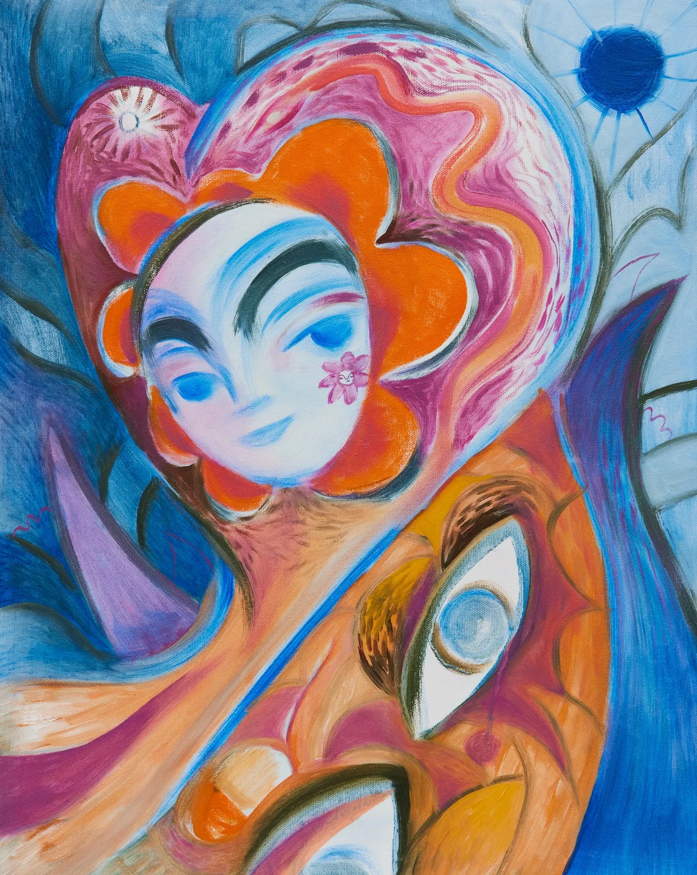 Face with blue eye shadow and a small flower on the cheek, enclosed by an orange-and-pink flower form above a larger profile with an open eye, against blue with a dark-blue sun.