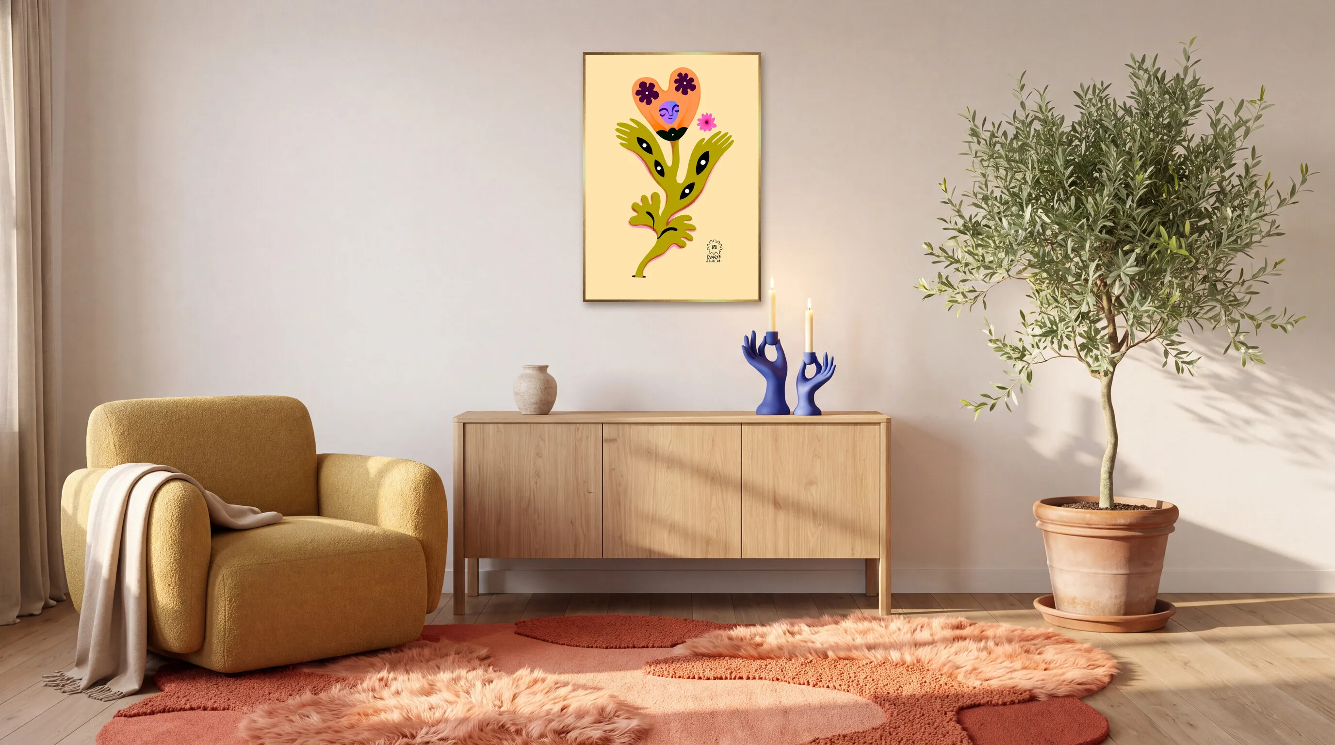 Dagens Blomma 26.01.18 som inramad poster i A1 (59,4 × 84,1 cm) över en skänk i ett vardagsrum