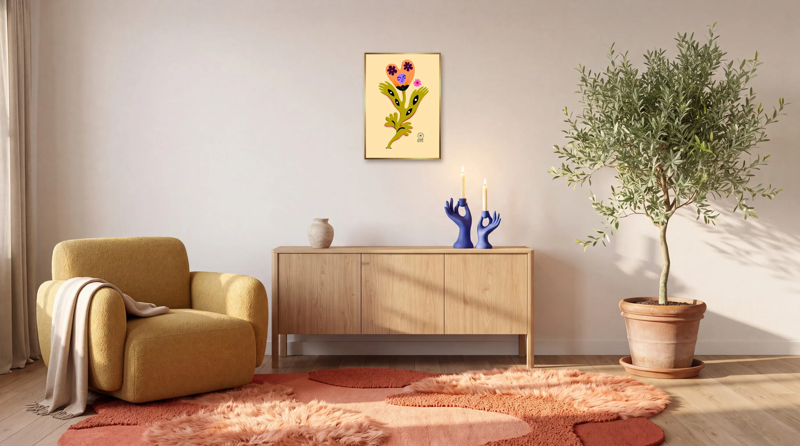 Dagens Blomma 26.01.18 som inramad poster i A2 (42 × 59,4 cm) över en skänk i ett vardagsrum