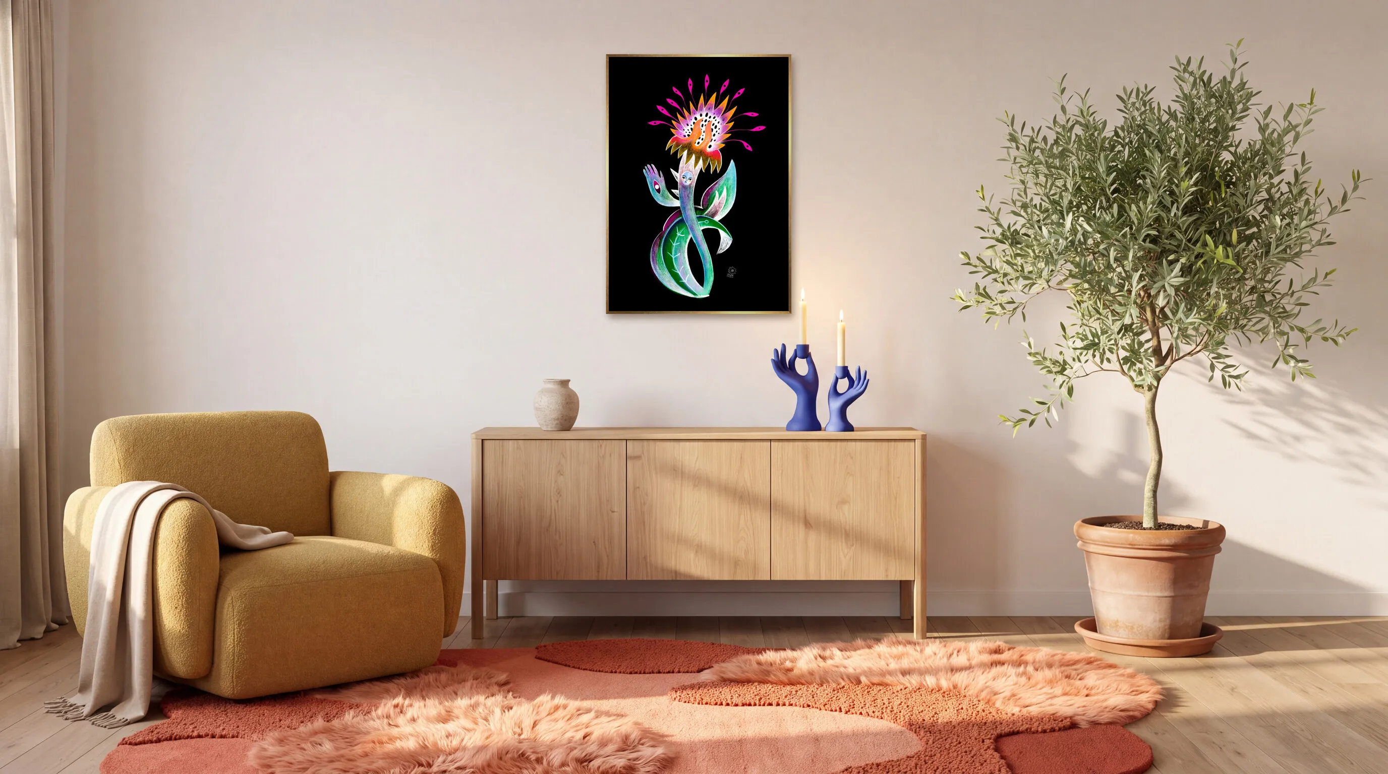 Dagens Blomma 26.01.21 som inramad poster i A1 (59,4 × 84,1 cm) över en skänk i ett vardagsrum