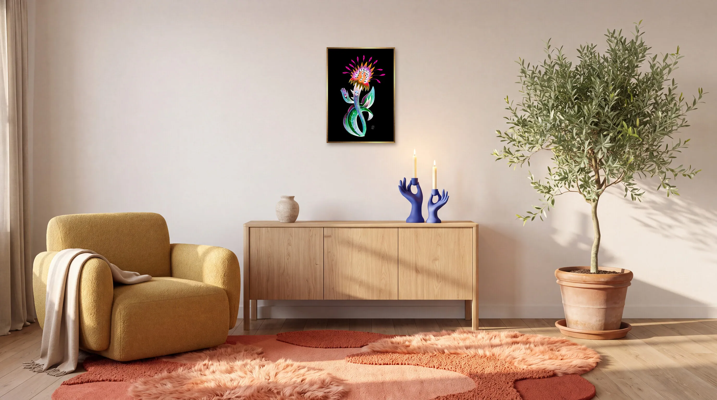 Dagens Blomma 26.01.21 som inramad poster i A2 (42 × 59,4 cm) över en skänk i ett vardagsrum