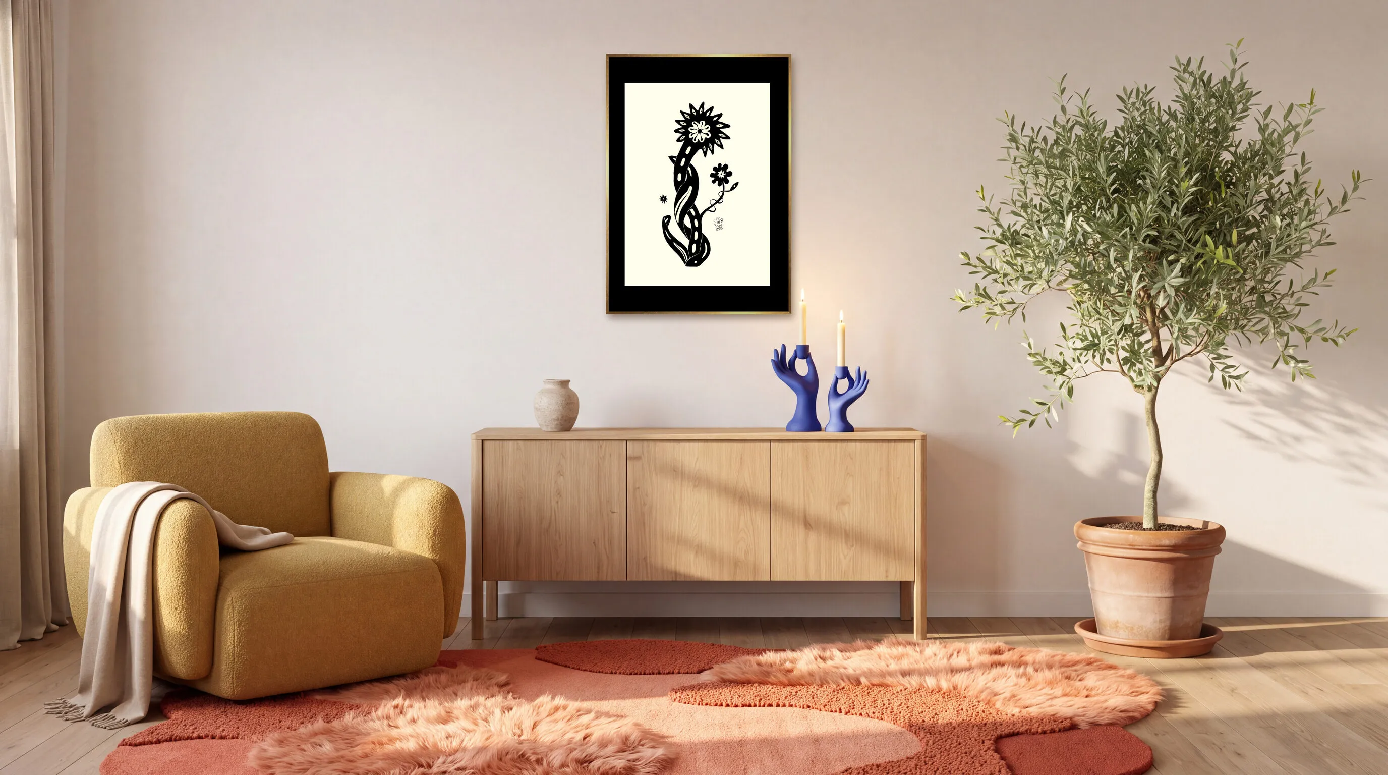 Dagens Blomma 26.01.30 som inramad poster i A1 (59,4 × 84,1 cm) över en skänk i ett vardagsrum