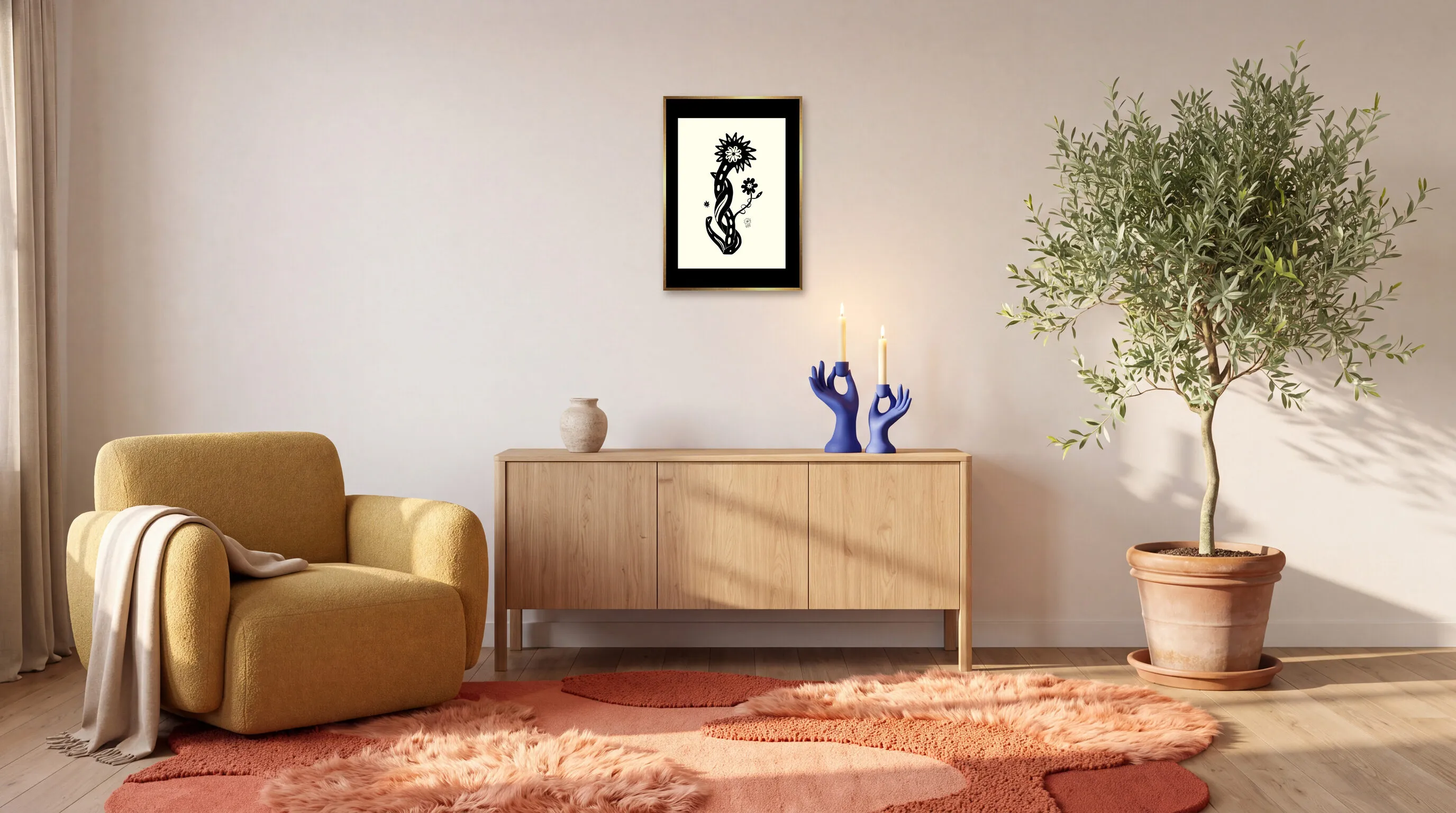 Dagens Blomma 26.01.30 som inramad poster i A2 (42 × 59,4 cm) över en skänk i ett vardagsrum