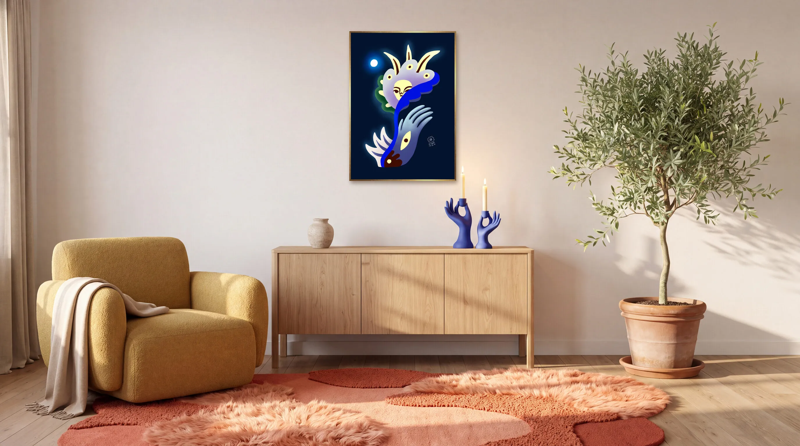 Dagens Blomma 26.01.31 som inramad poster i A1 (59,4 × 84,1 cm) över en skänk i ett vardagsrum