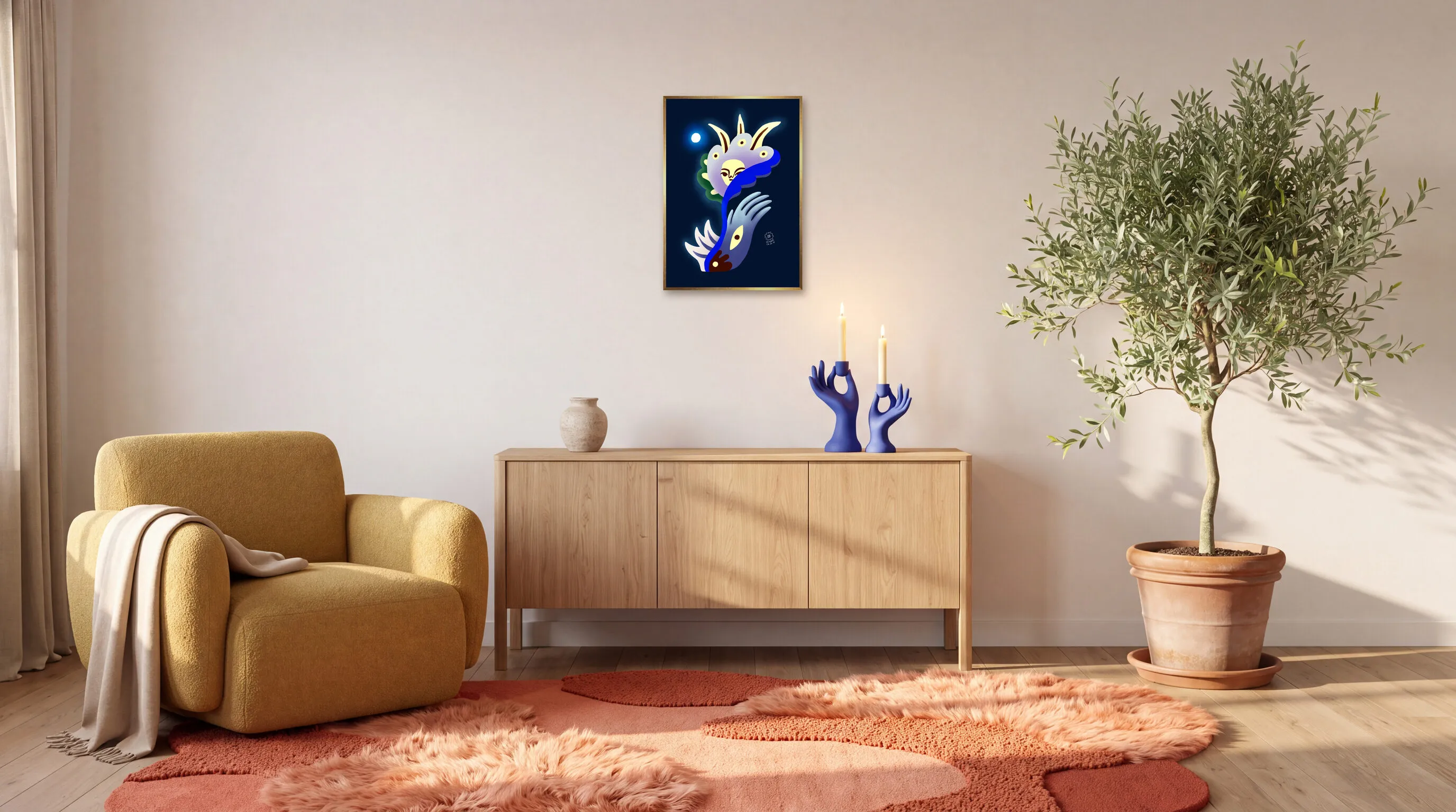 Dagens Blomma 26.01.31 som inramad poster i A2 (42 × 59,4 cm) över en skänk i ett vardagsrum