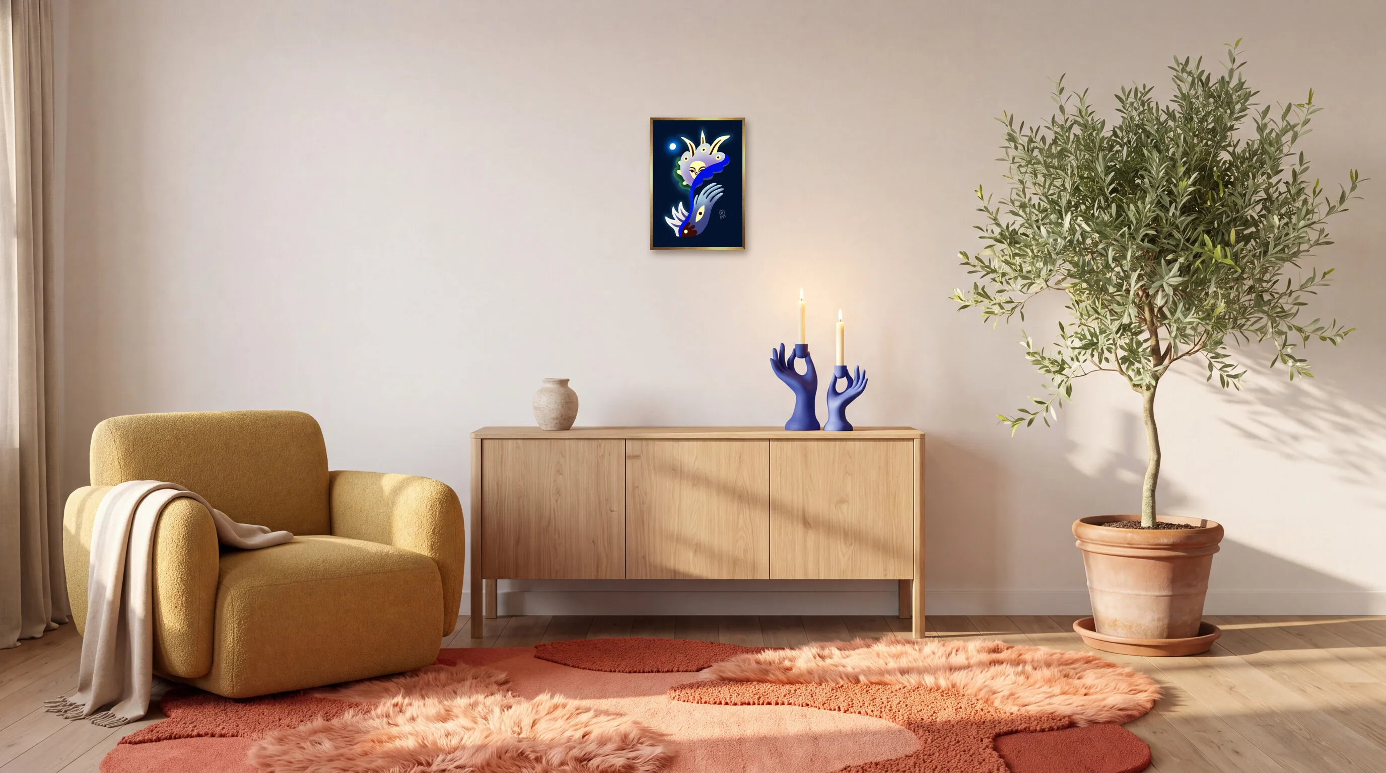Dagens Blomma 26.01.31 som inramad poster i A3 (29,7 × 42 cm) över en skänk i ett vardagsrum