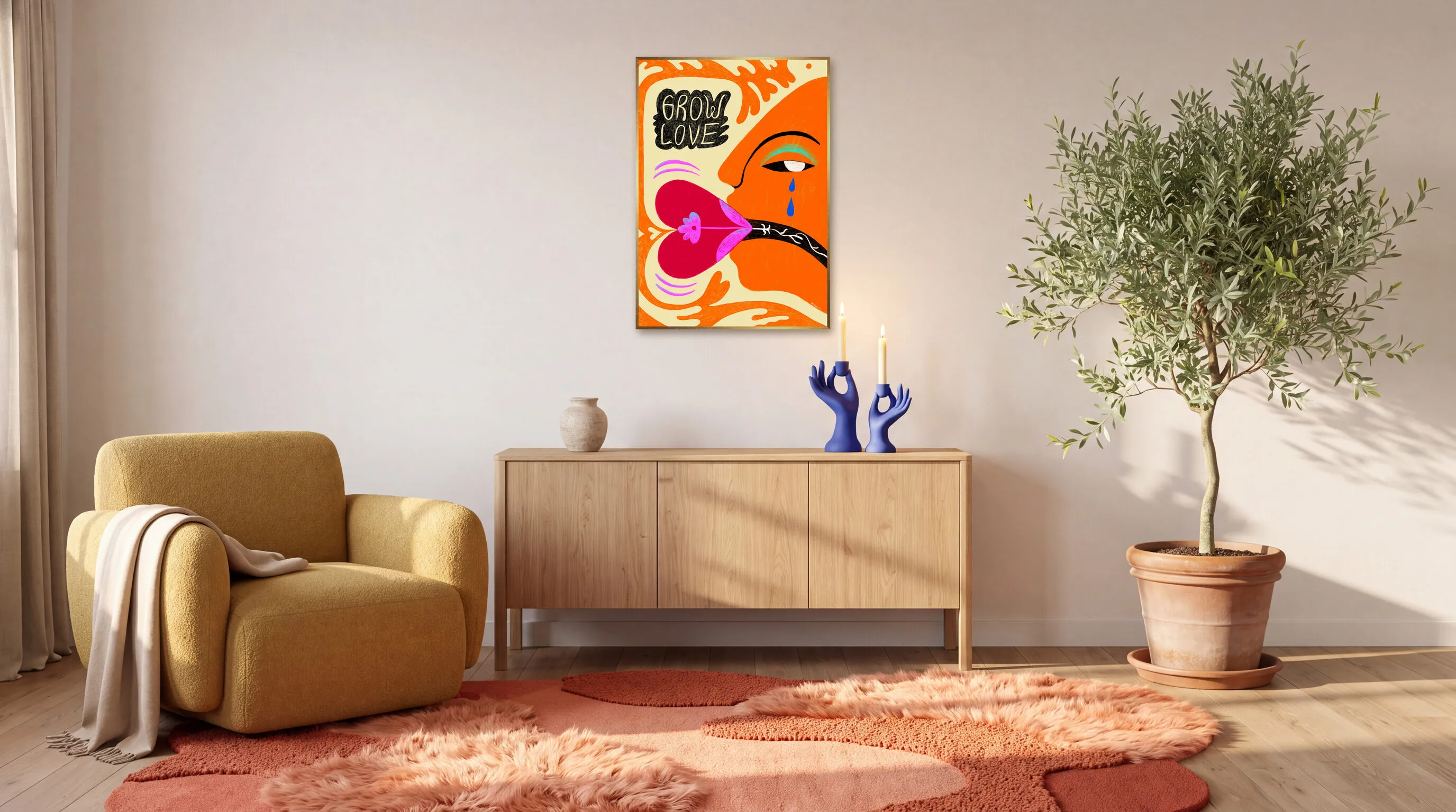 Grow Love som inramad poster i A1 (59,4 × 84,1 cm) över en skänk i ett vardagsrum