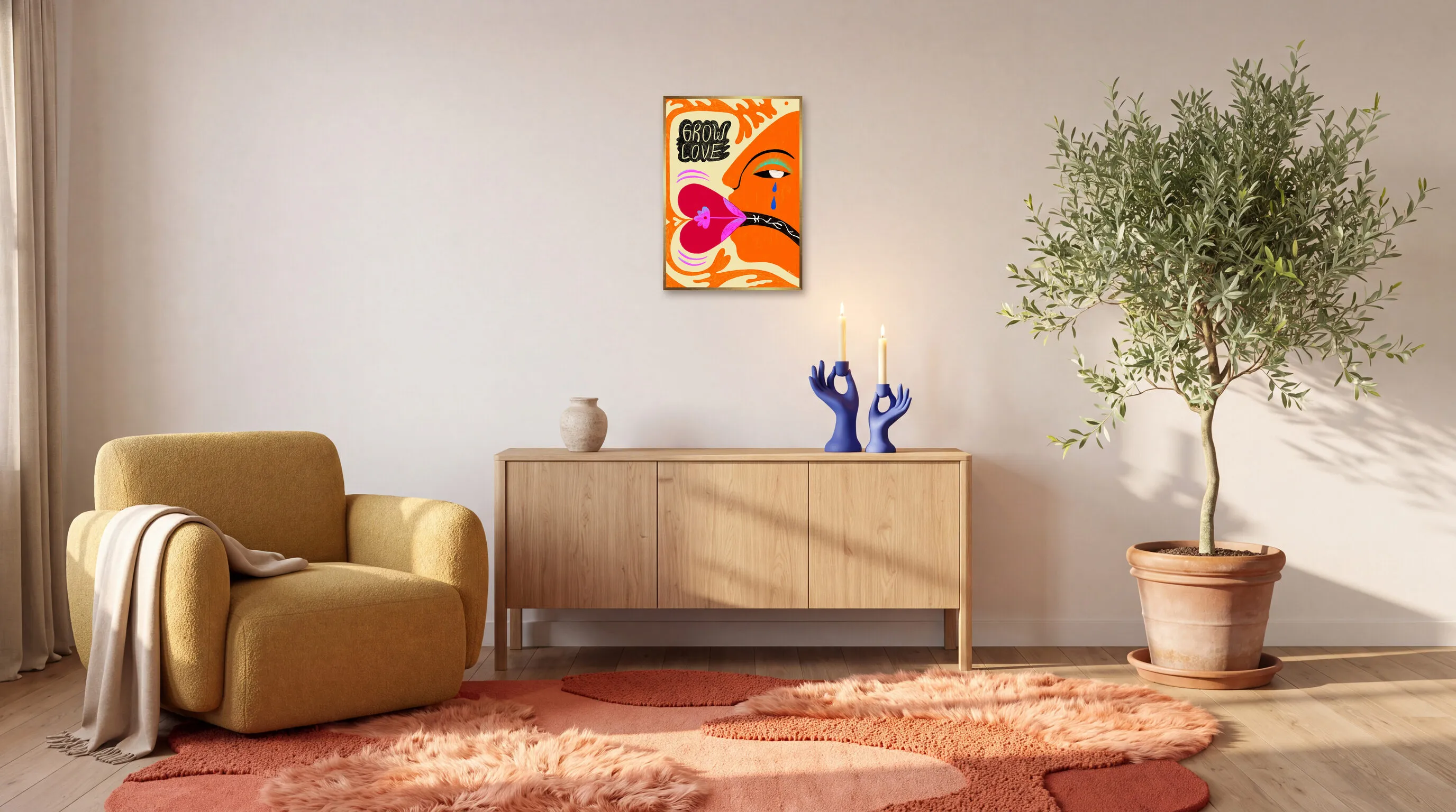 Grow Love som inramad poster i A2 (42 × 59,4 cm) över en skänk i ett vardagsrum
