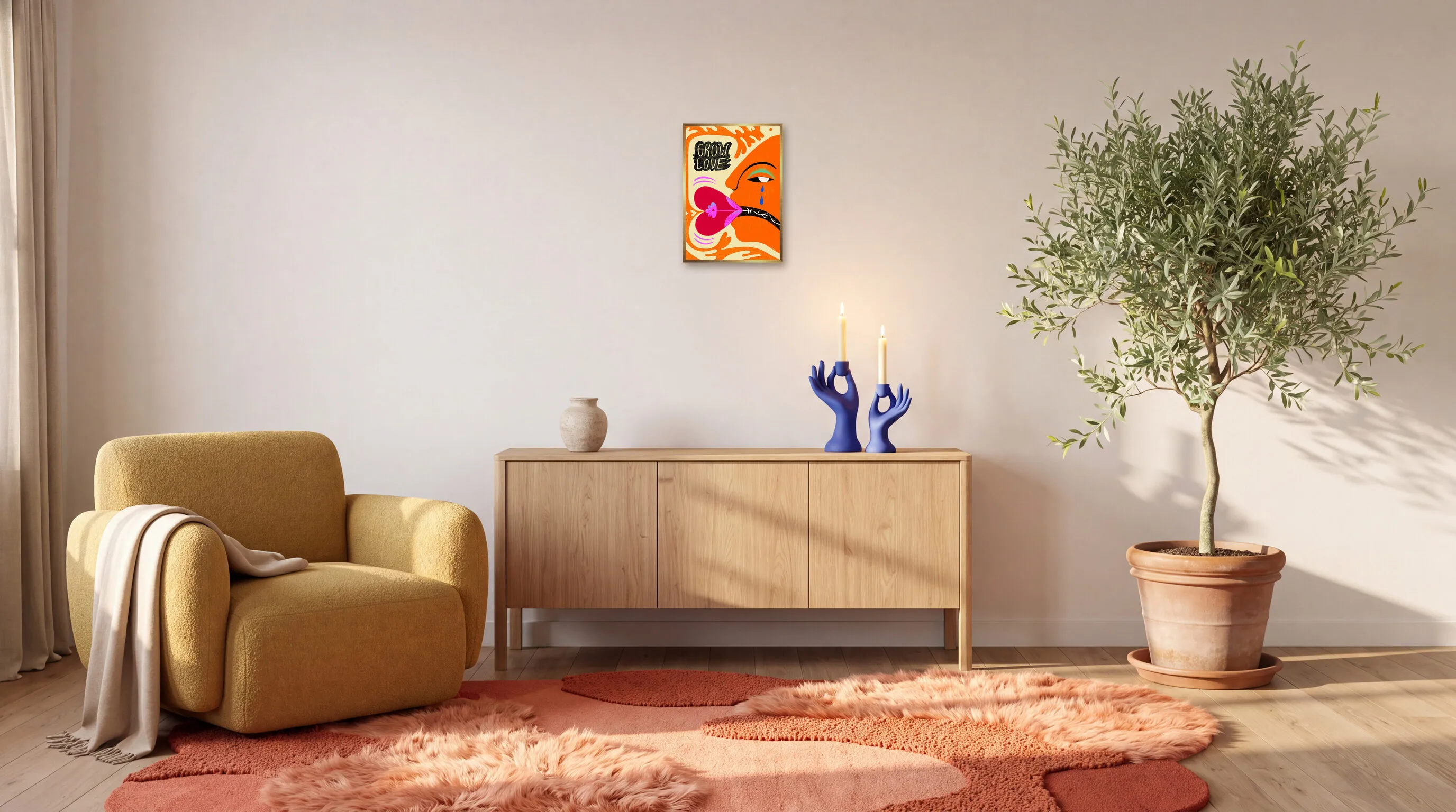 Grow Love som inramad poster i A3 (29,7 × 42 cm) över en skänk i ett vardagsrum