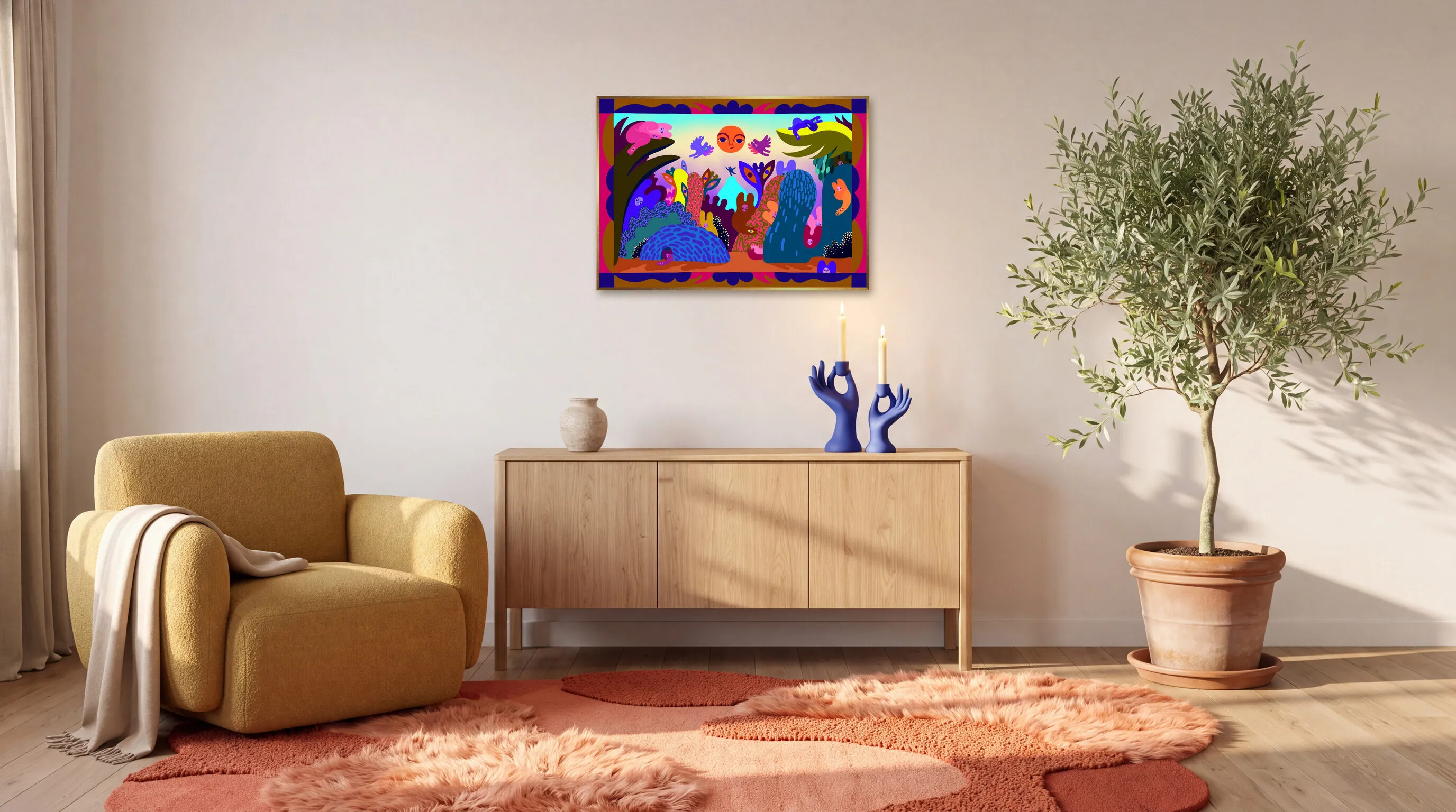 How many sphercles? som inramad poster i A1 (84,1 × 59,4 cm) över en skänk i ett vardagsrum