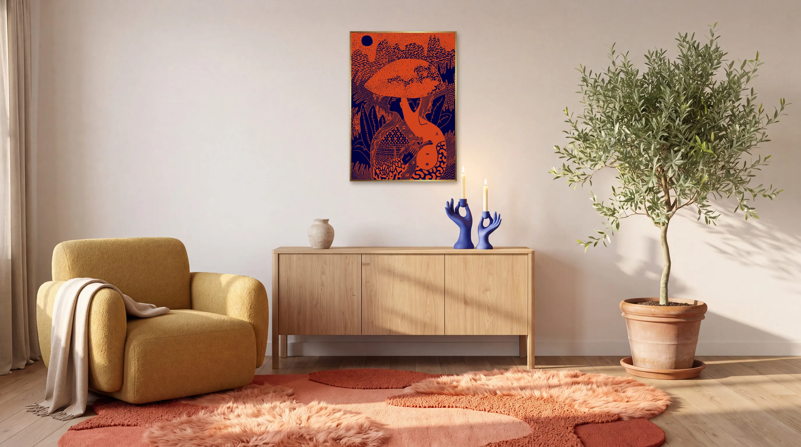 Red Sky Walk som inramad poster i A1 (59,4 × 84,1 cm) över en skänk i ett vardagsrum