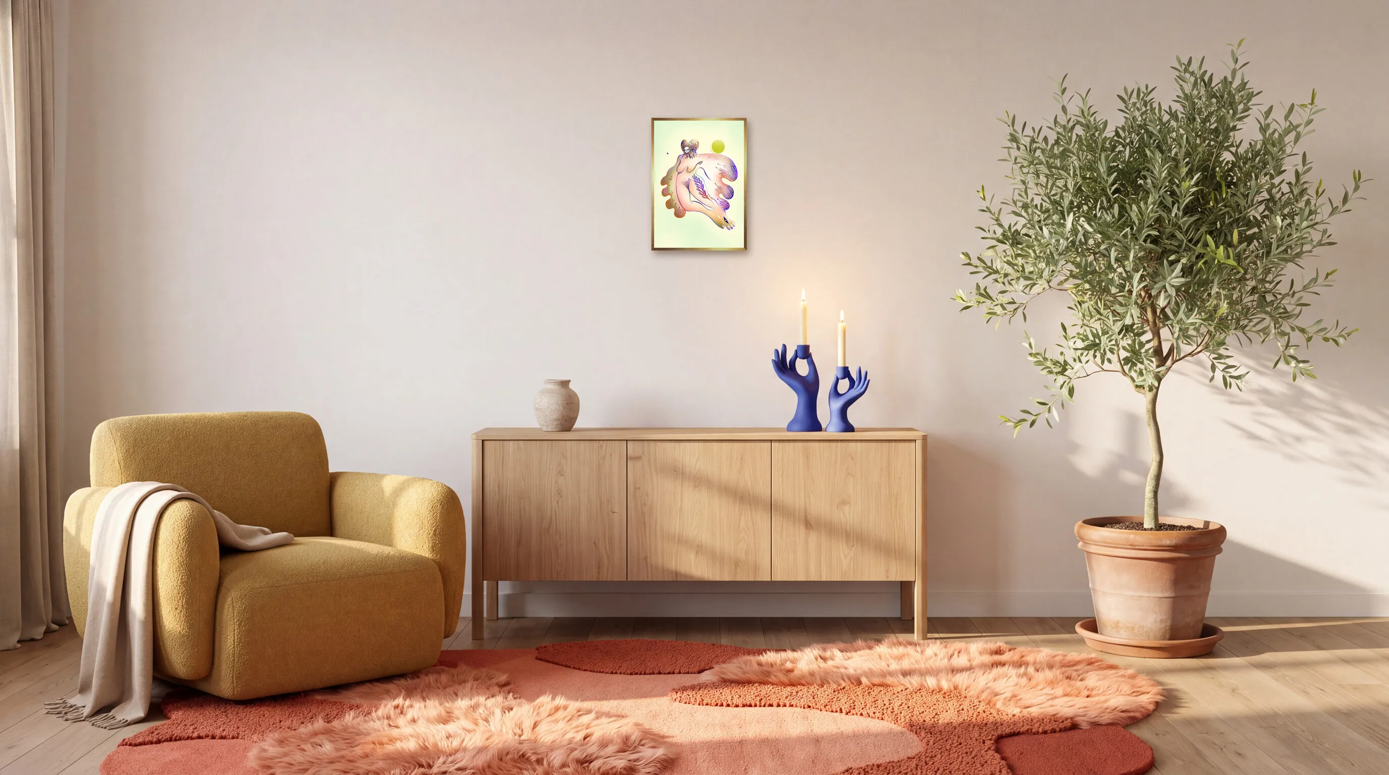 Terra Lumen som inramad poster i A3 (29,7 × 42 cm) över en skänk i ett vardagsrum