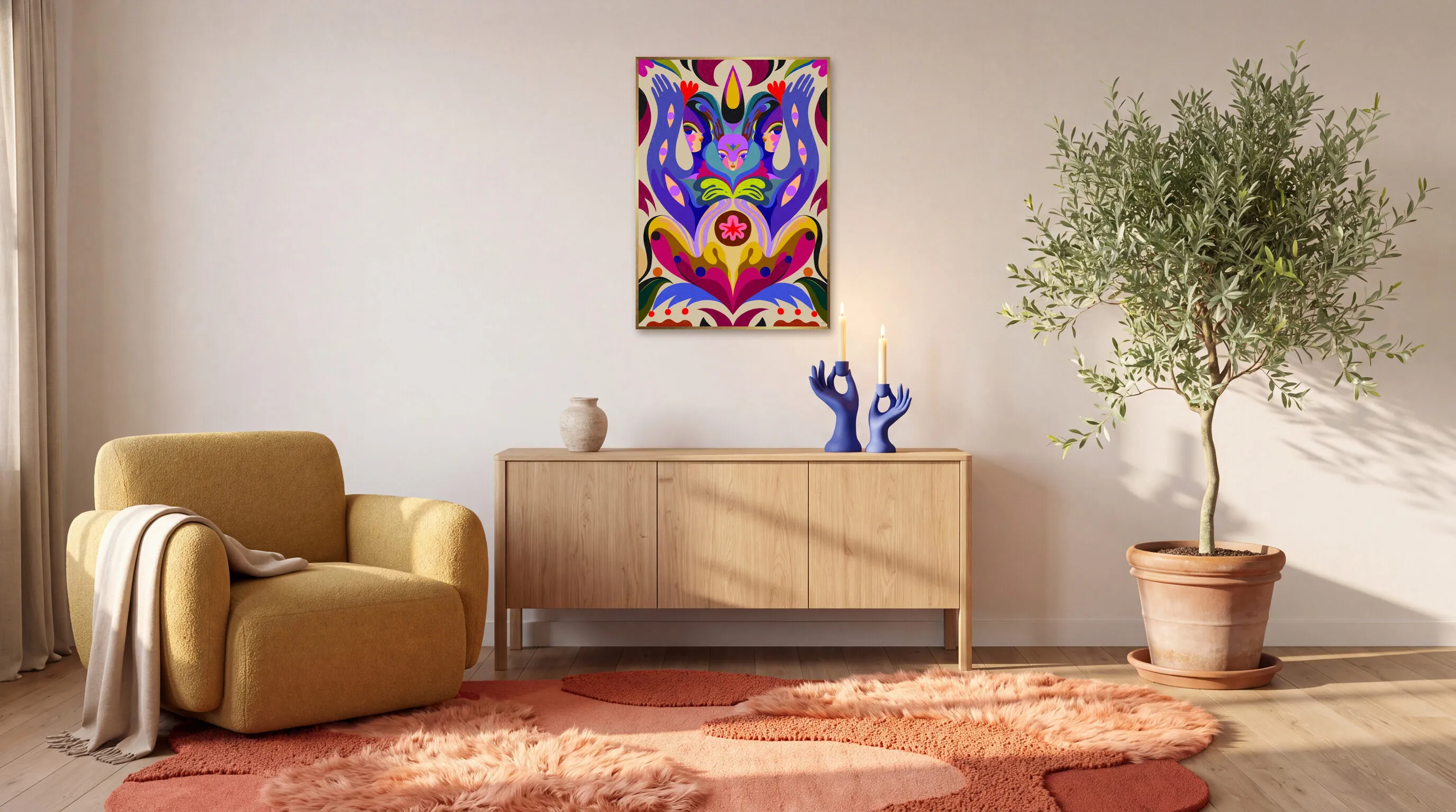 The Paragon som inramad poster i A1 (59,4 × 84,1 cm) över en skänk i ett vardagsrum