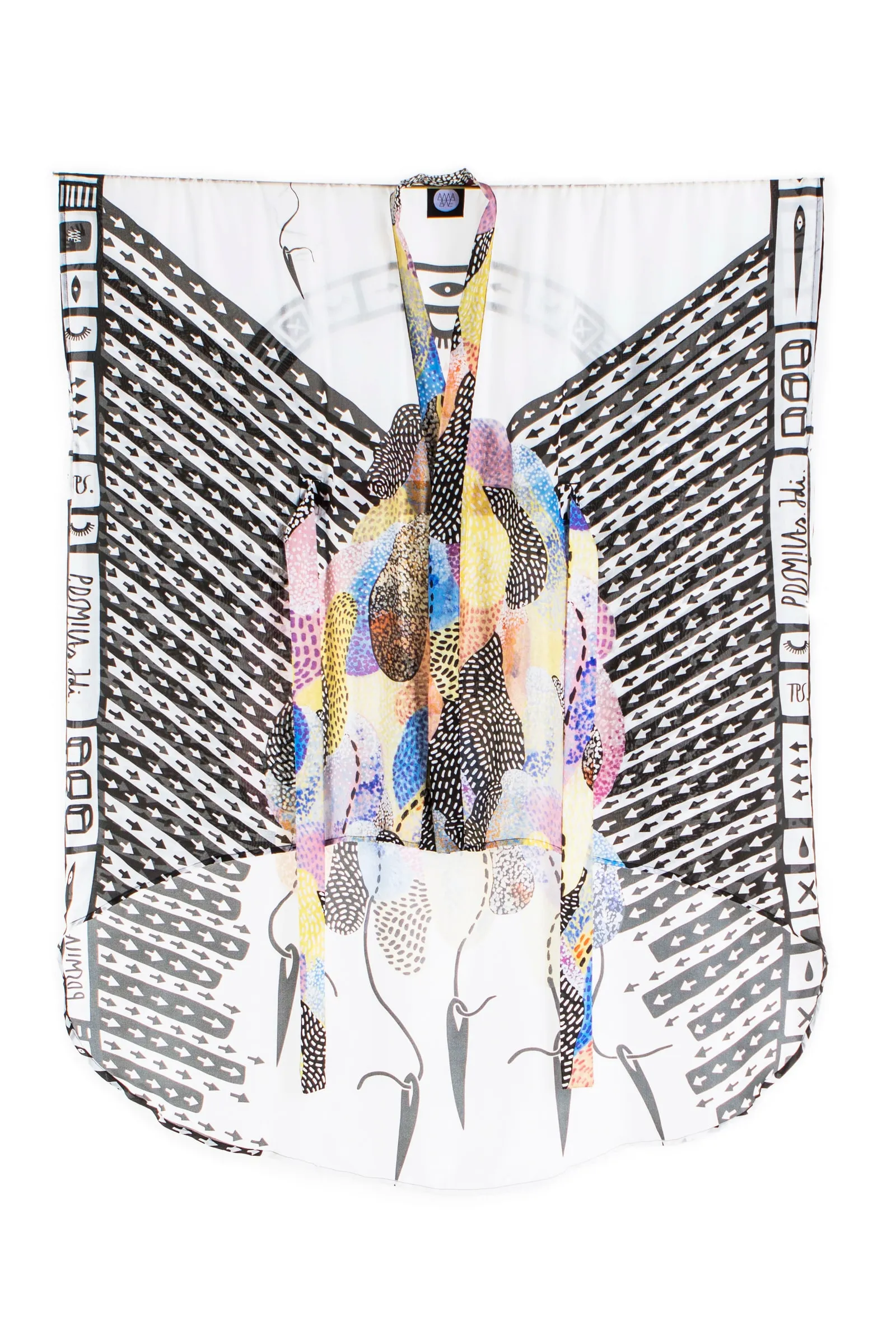 The long Melting World kimono from the front, with the pastel Passive Sleep pattern as a placement print framed by black-and-white geometric borders and dripping forms.