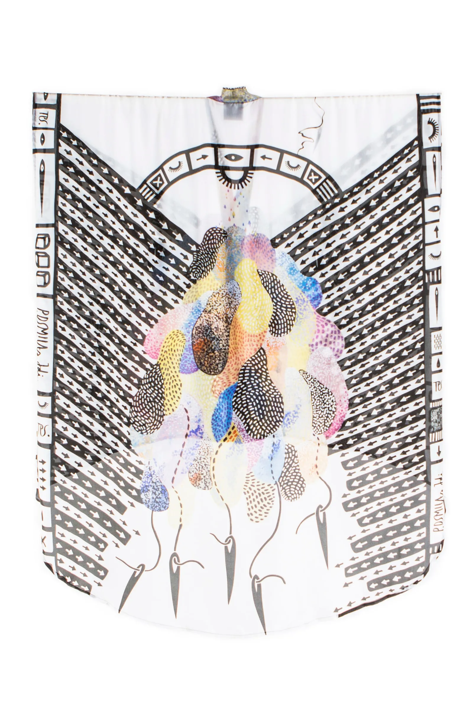 The long Melting World kimono from the back, with the pastel pattern panel hanging beneath a black-and-white arch and dripping forms near the hem.