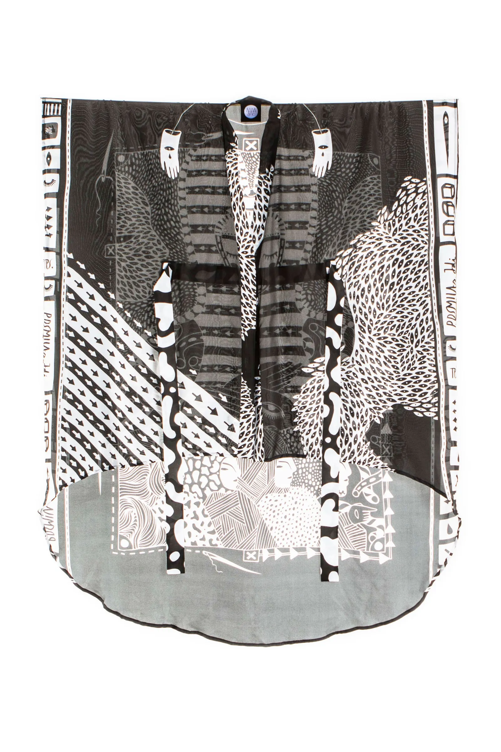 The long Replaceable Souls kimono from the front, with a black-and-white placement print of striped fields, hands and dotted patterns framed by geometric borders.