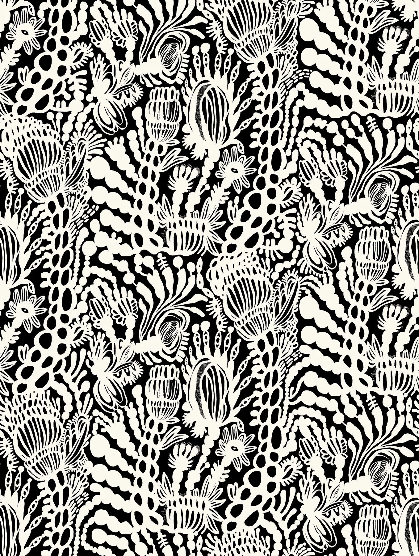 Floral, ljust på mörkt — botaniskt mönster i rapport 90×120 cm, Amandah L'Narte