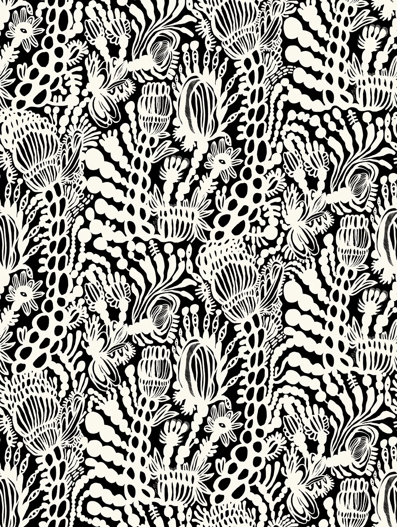 Floral, ljust på mörkt — botaniskt mönster i rapport 90×120 cm, Amandah L'Narte