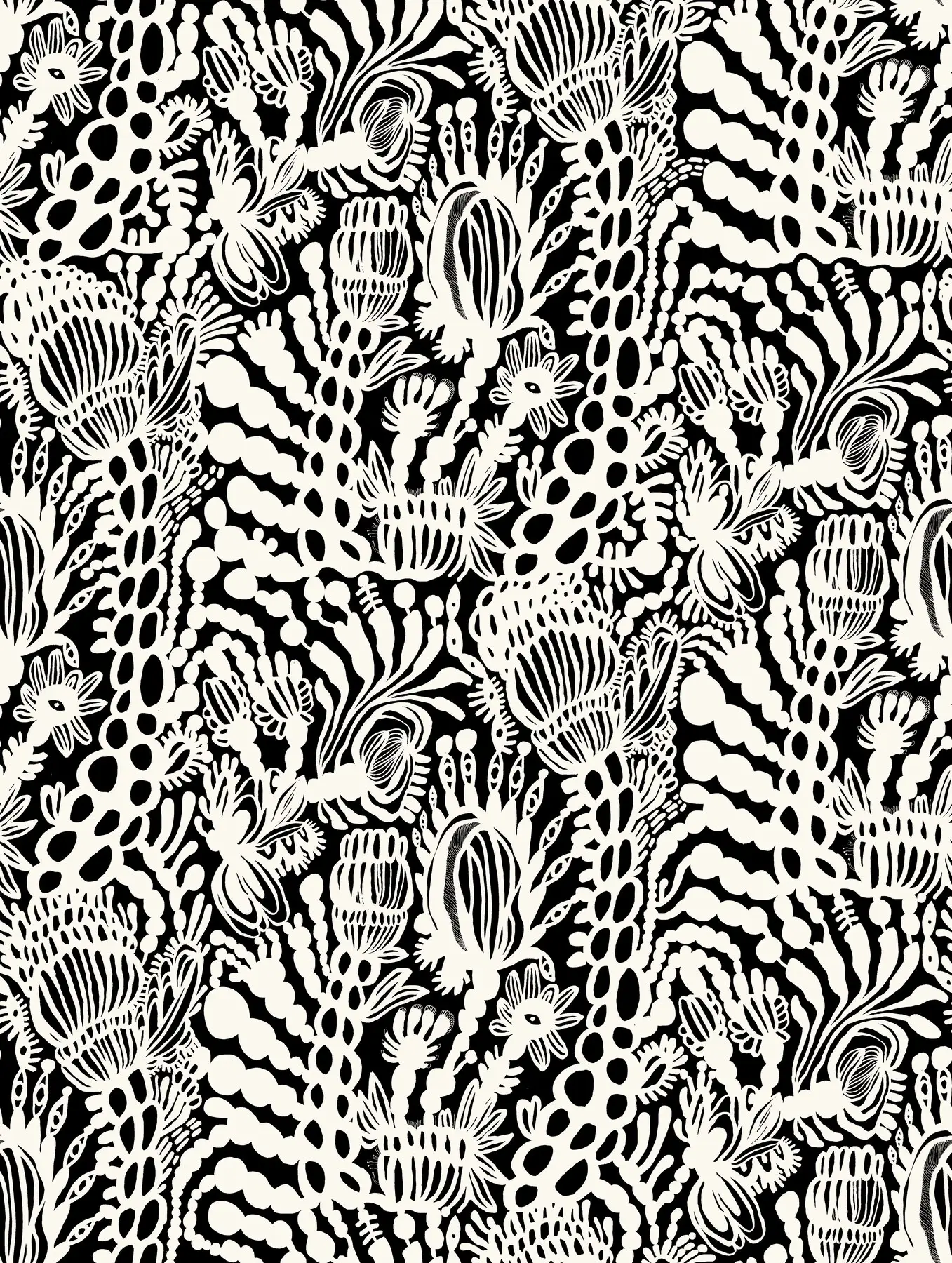 Floral, ljust på mörkt — botaniskt mönster i rapport 90×120 cm, Amandah L'Narte