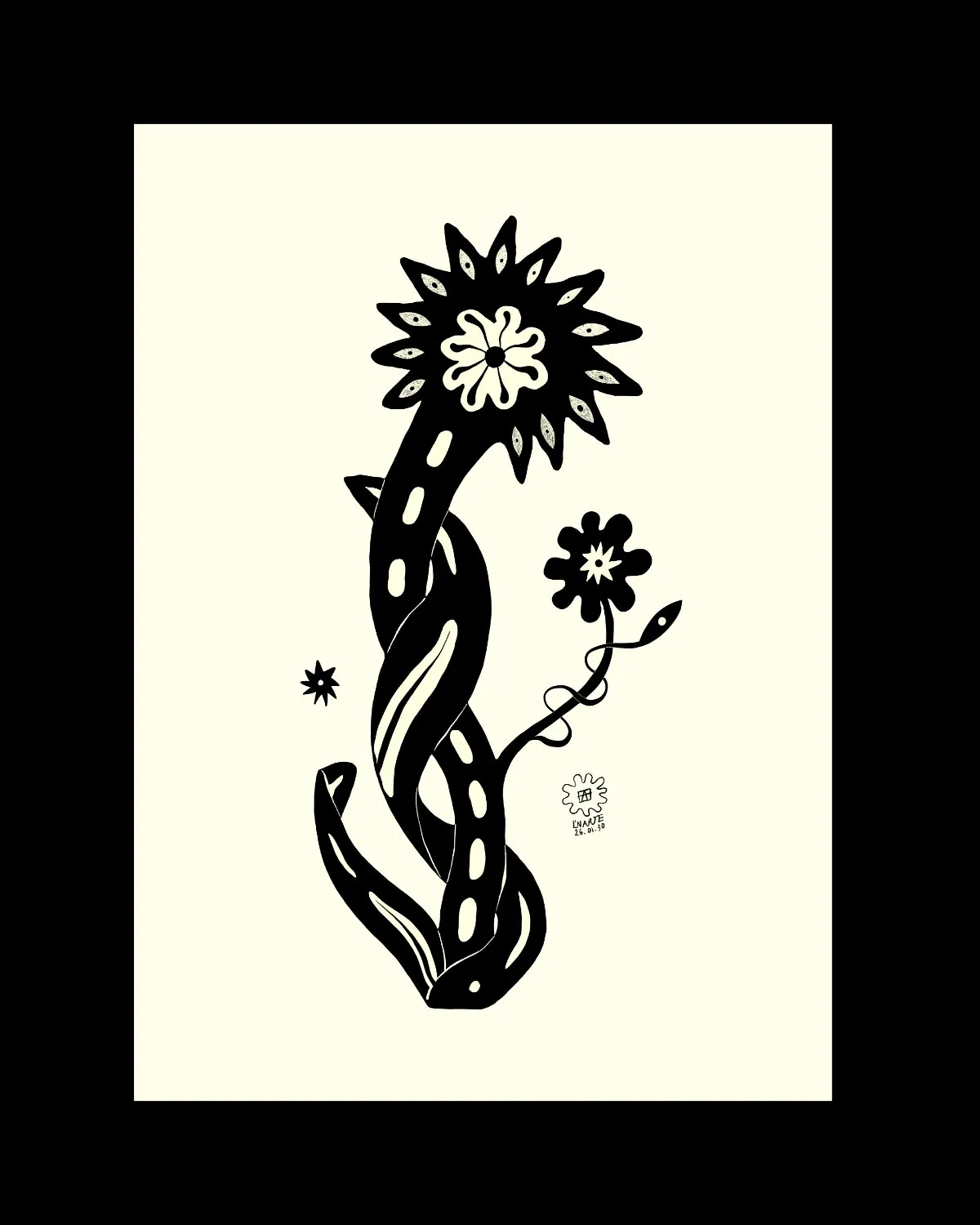 Dagens Blomma 26.01.30 — slingrande blomma med ögonkransade blad och en mindre blomma på ranka, i svart på benvitt, digital illustration av Amandah L'Narte