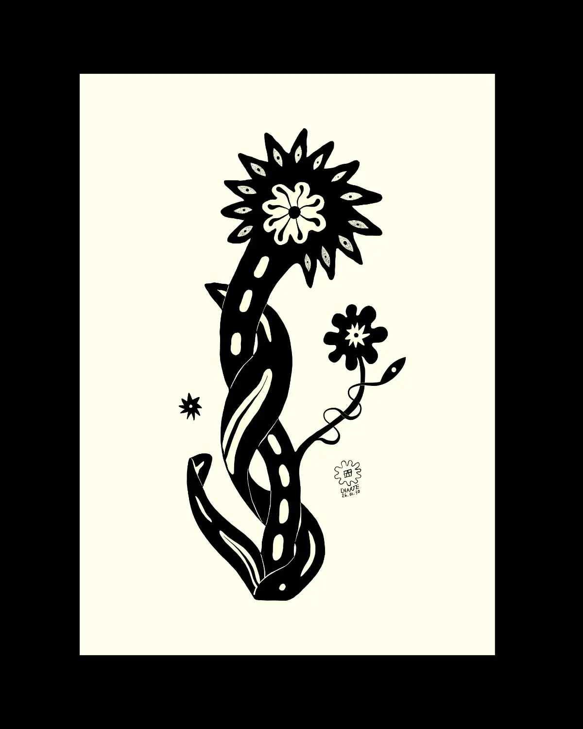 Dagens Blomma 26.01.30 — slingrande blomma med ögonkransade blad och en mindre blomma på ranka, i svart på benvitt, digital illustration av Amandah L'Narte