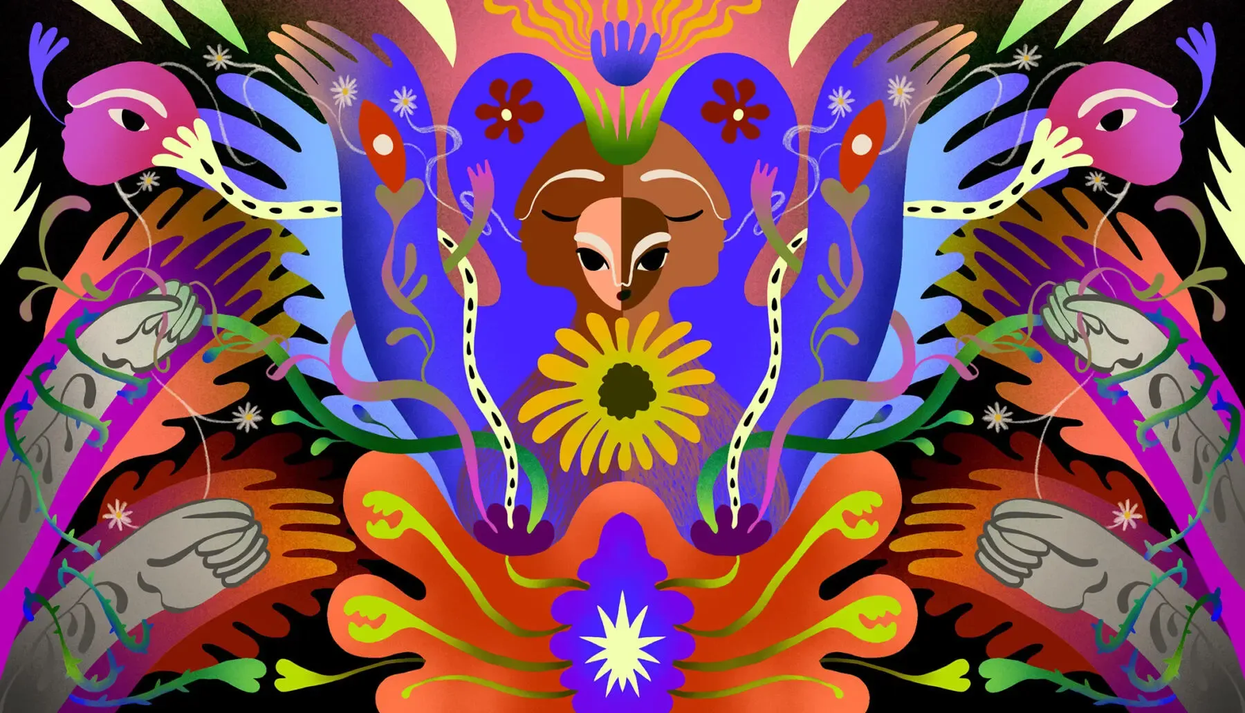 Symmetrisk illustration i starka färger mot svart botten: en kvinnofigur i mitten med sluten blick och en solros över bröstet, omgiven av skyddande blå händer, blommor och taggiga rankor som slingrar sig runt gripande armar — uppdrag av Amandah L'Narte för Amnesty