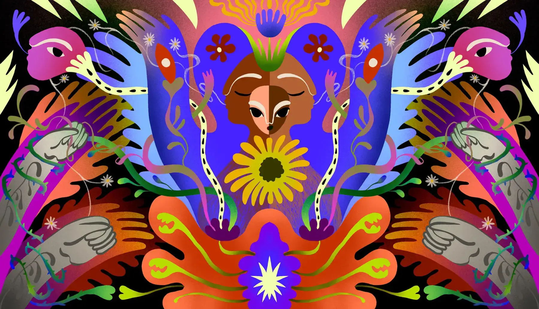 Symmetrisk illustration i starka färger mot svart botten: en kvinnofigur i mitten med sluten blick och en solros över bröstet, omgiven av skyddande blå händer, blommor och taggiga rankor som slingrar sig runt gripande armar — uppdrag av Amandah L'Narte för Amnesty