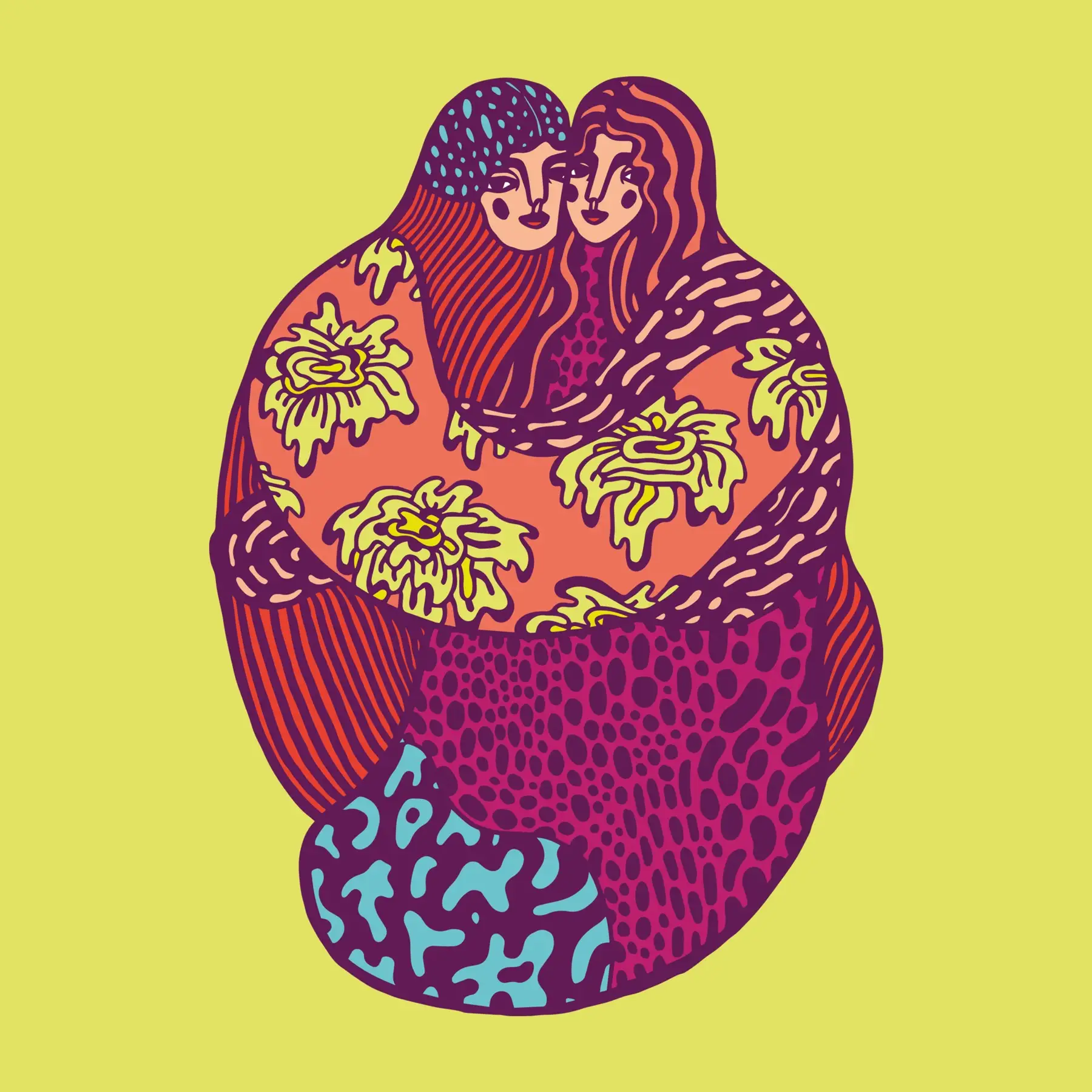 Illustration: två vänner med långt hår kramar om varandra, insvepta i en och samma mönstrade form av blommor, prickar och ränder i lila, cerise och orange mot limegul botten — uppdrag av Amandah L'Narte för Garbergs Malmö