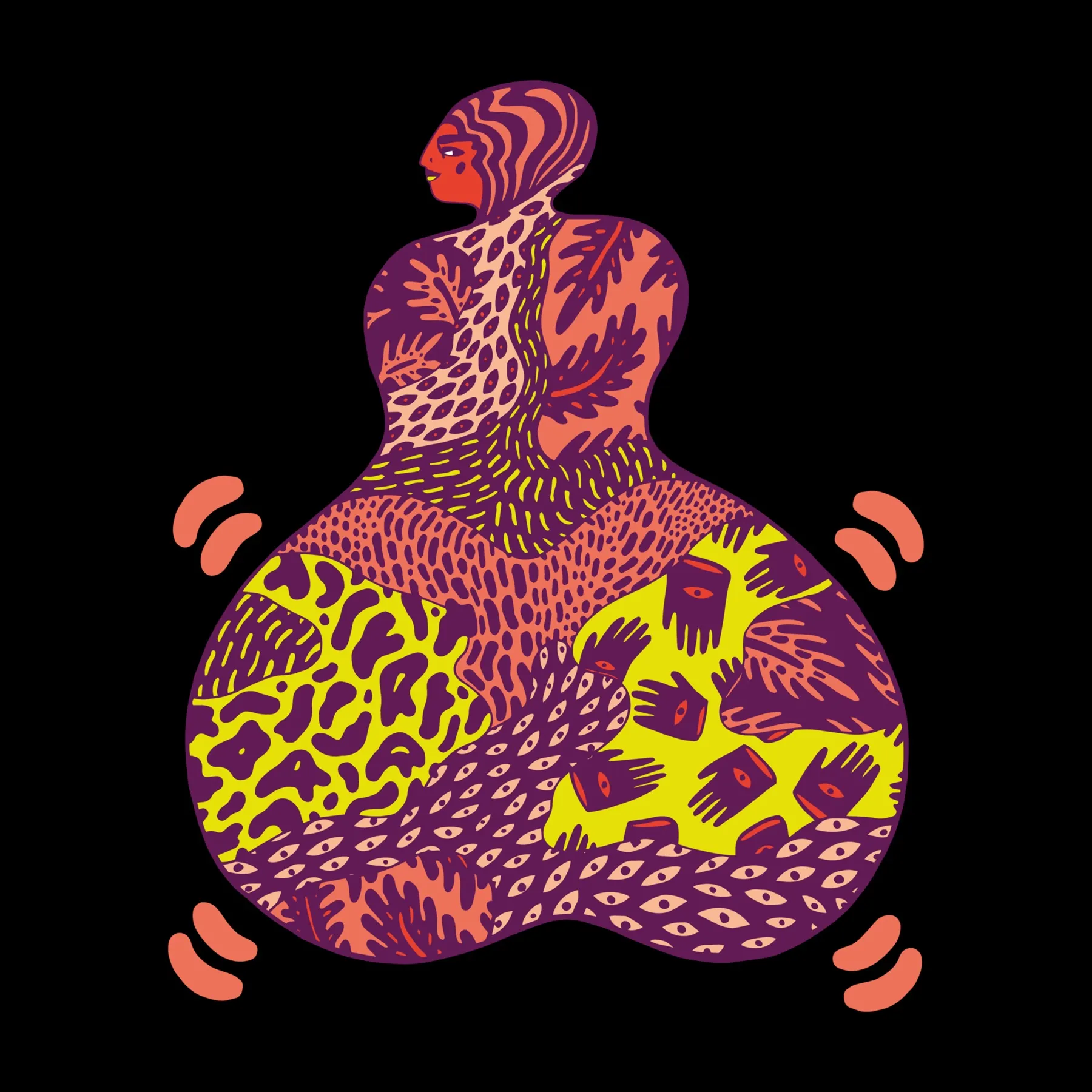 Illustration: en dansande figur i profil vars stora kjol bär mönster av leopardfläckar, ögon och händer i lila, orange och gult, med rörelsestreck kring höfterna mot svart botten — uppdrag av Amandah L'Narte för Garbergs Malmö