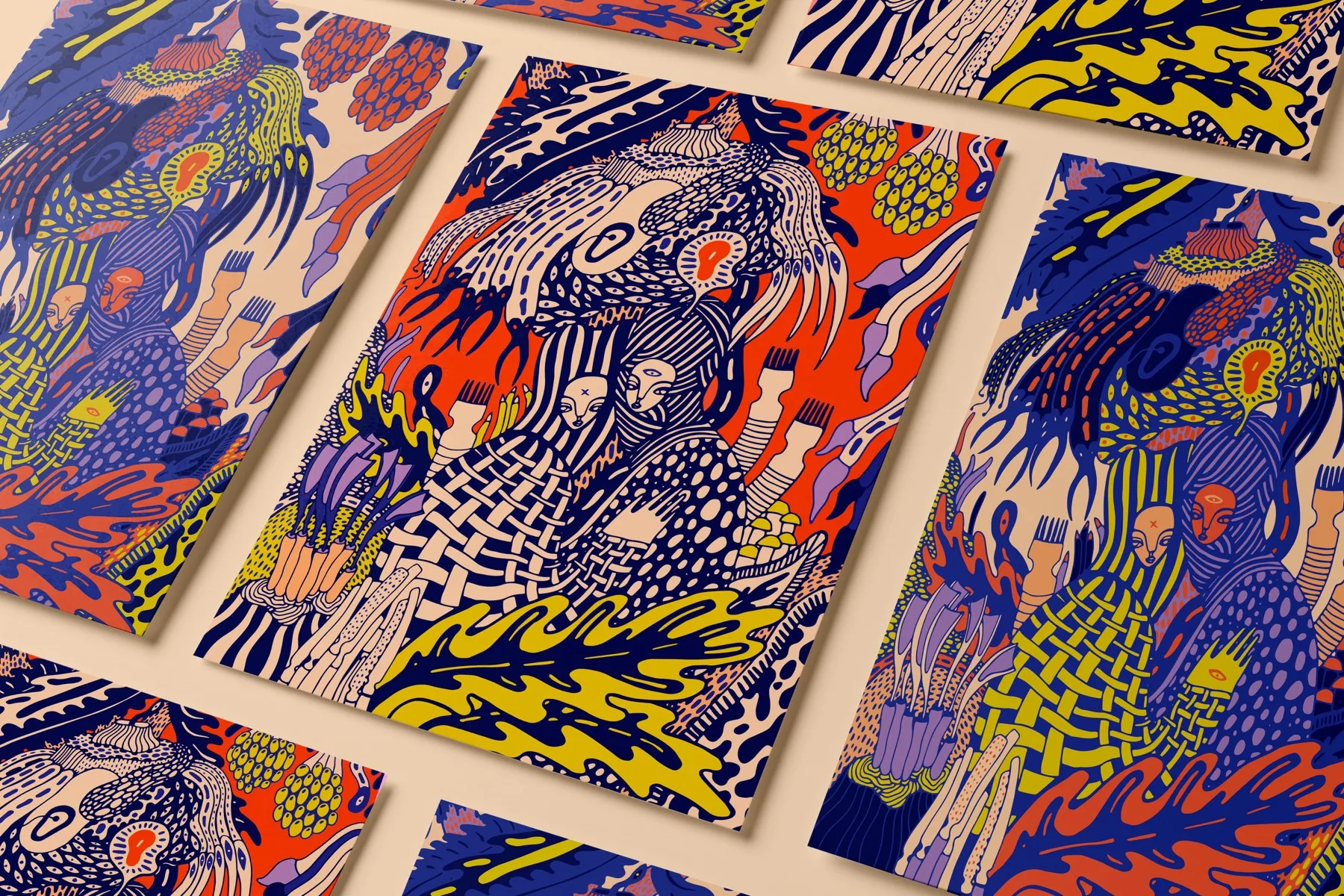 A mock-up presents the illustration in three colourways: orange-red, dark blue against off-white and blue against yellow, across cards arranged in a grid on a pale background.
