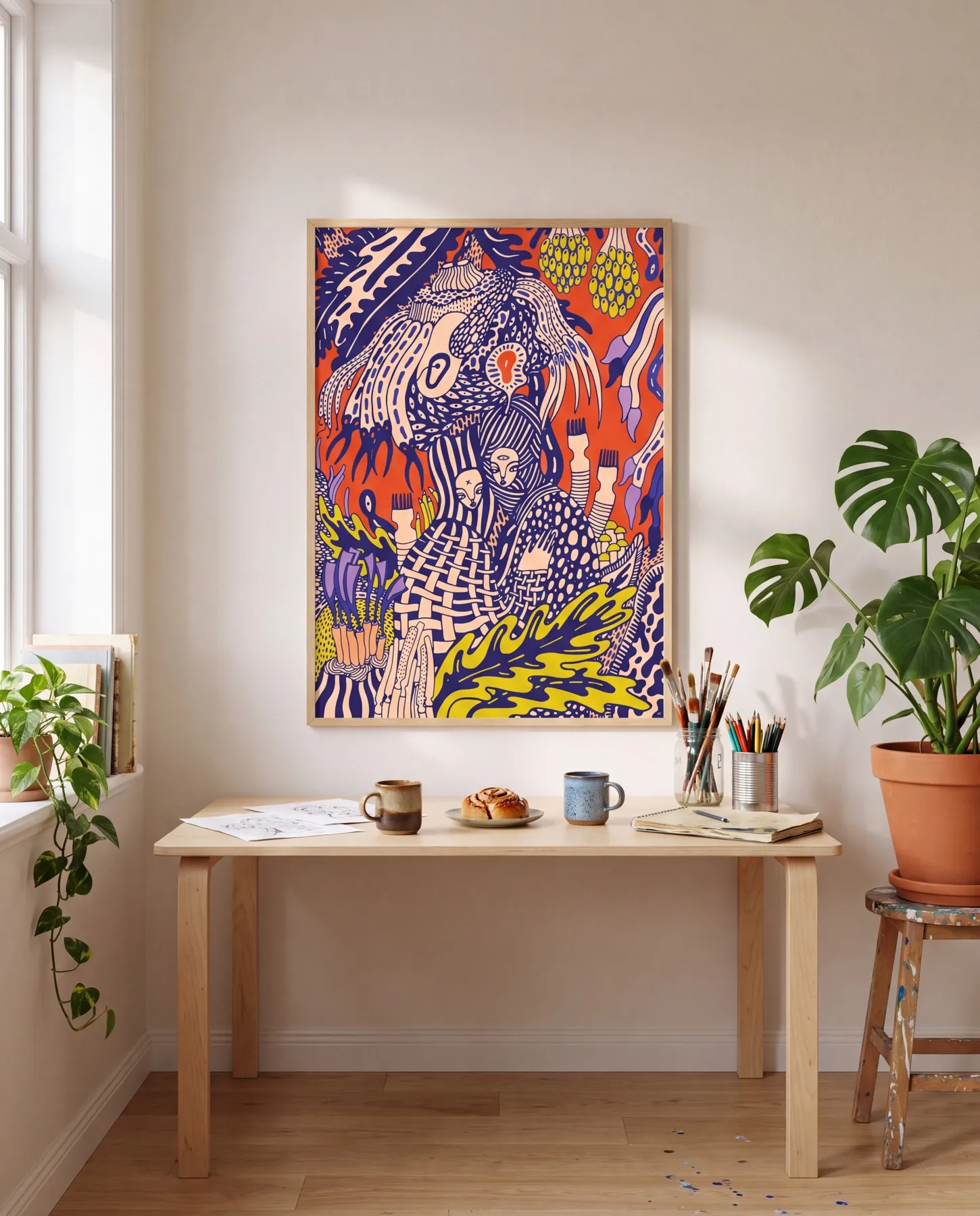 A mock-up presents the illustration as a framed poster on the wall of a bright workspace, above a table holding brushes, pencils and a sketchbook.