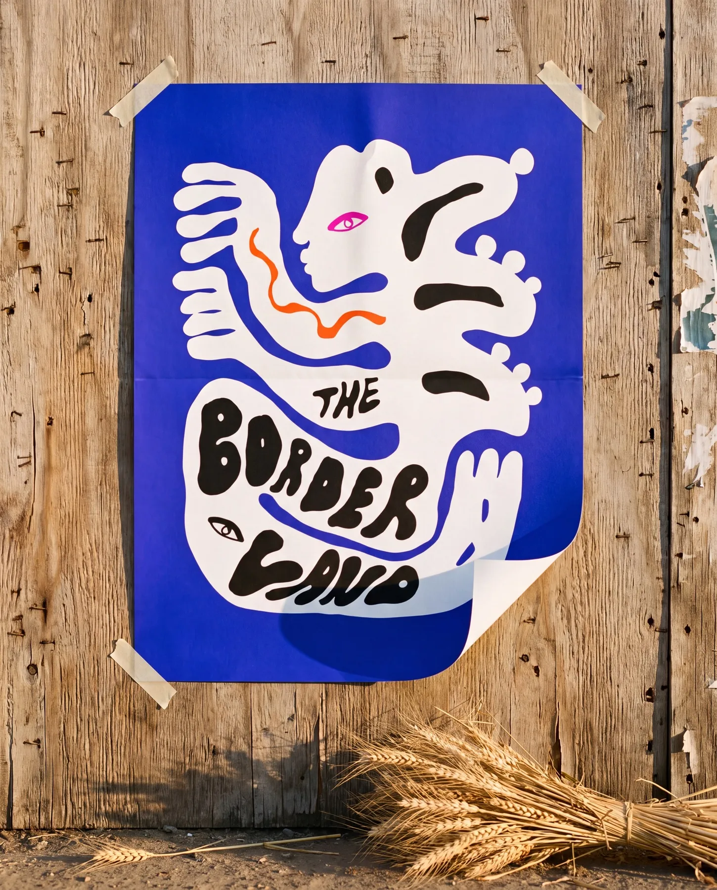 Mockup: logotypen som affisch tejpad i hörnen på en väderbiten trävägg, med uppvikt nederhörn och veteax vid väggens fot — den vita figuren med handtextningen The Borderland mot koboltblå botten — uppdrag av Amandah L'Narte för The Borderland