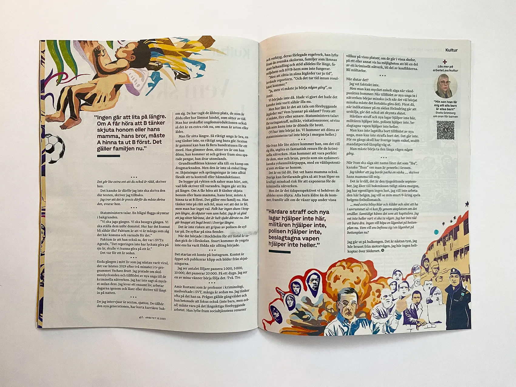 Essäns andra uppslag i Arbetet: illustrationens delar ramar in texten — ett sovande barn i famnen överst till vänster och en folkmassa ur ett eldmoln nederst till höger — uppdrag av Amandah L'Narte för Tidningen Arbetet