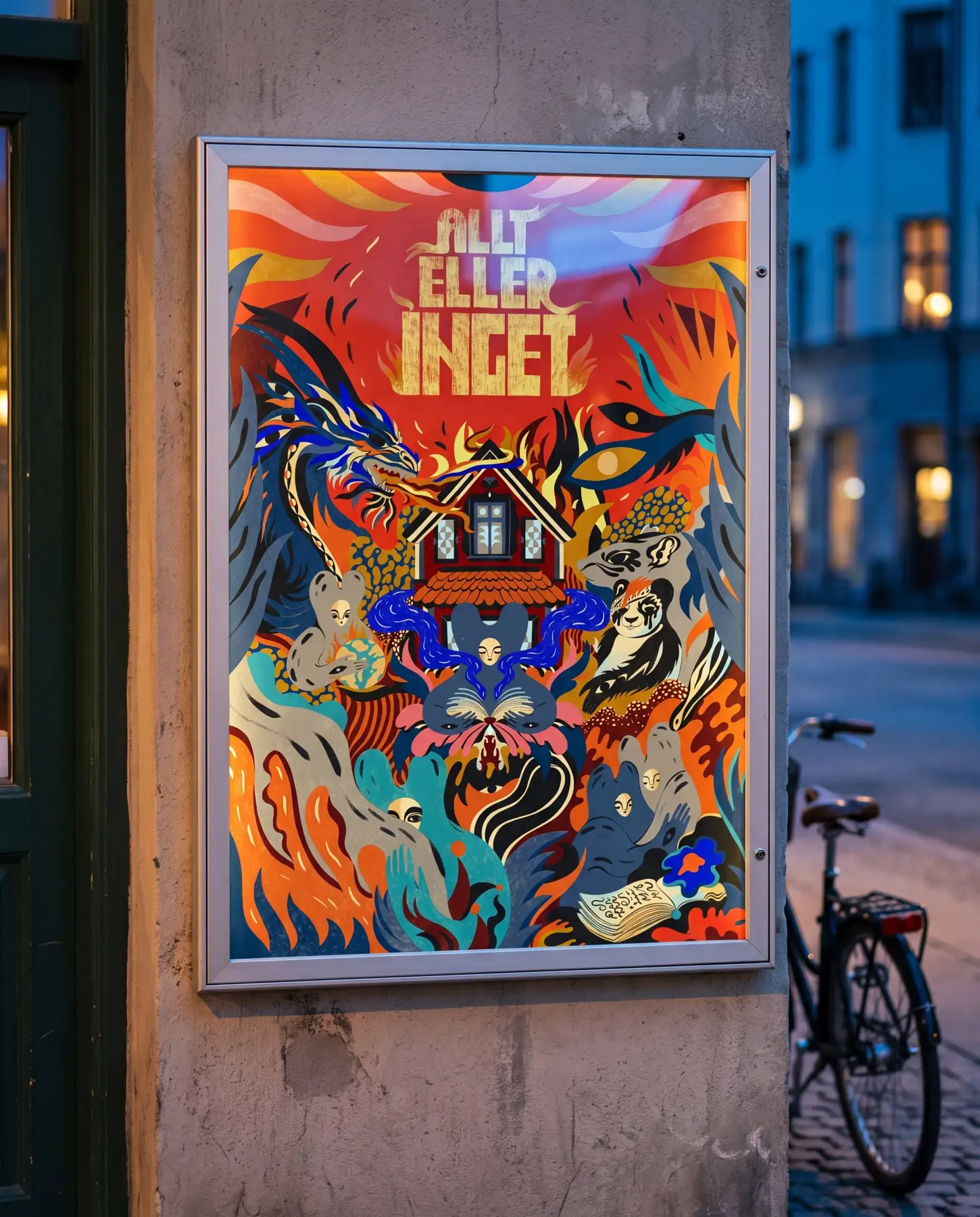 Mockup: affischen till Allt eller inget i ett skyltskåp på en husfasad i kvällsljus — en blå drake sprutar eld mot ett hus omgivet av lågor, djur och figurer i orange, blått och guld, med titeln textad för hand — uppdrag av Amandah L'Narte för Uppsala stadsteater