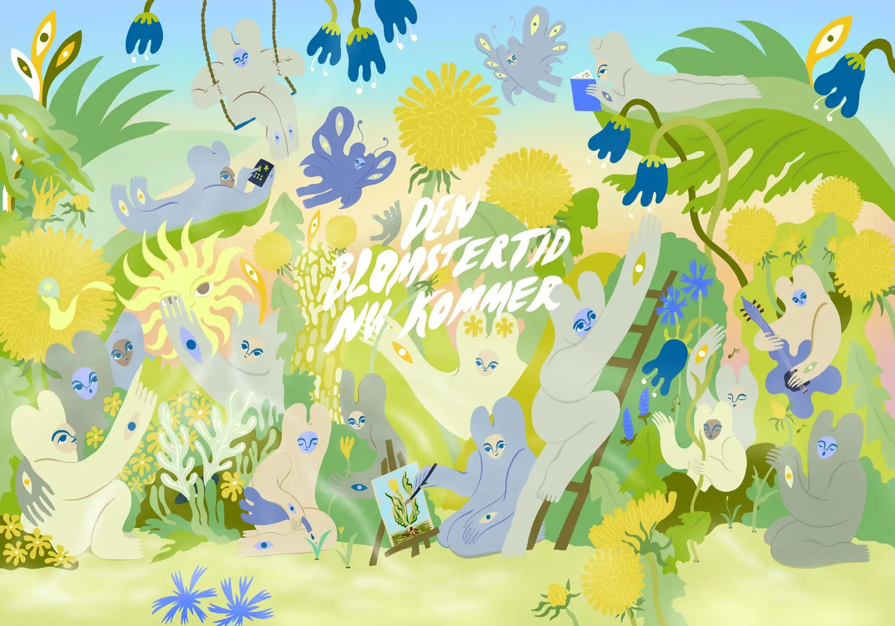 Somrig illustration med handtextad titel Den blomstertid nu kommer: mjuka figurer i gråblått och beige bland maskrosor, blåklockor och blåklint — de gungar, läser, målar vid staffli och spelar gitarr under en sol med ansikte — uppdrag av Amandah L'Narte för Västmanlands teater