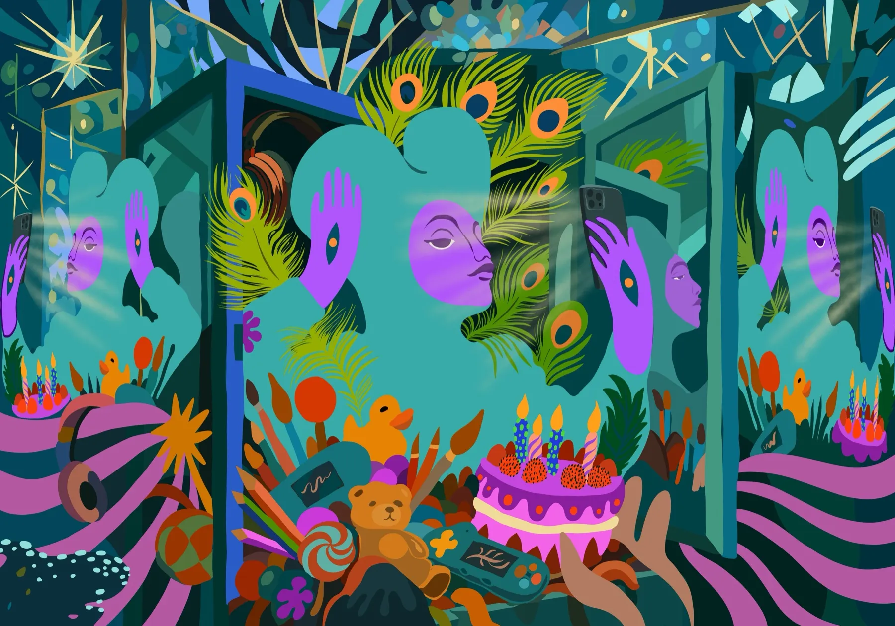 A figure with a purple face and eyes in their palms takes a mirror selfie, framed by a turquoise-and-dark-blue mirrored cabinet and surrounded by peacock feathers, a birthday cake with lit candles, a teddy bear, a rubber duck, paintbrushes and sweets.