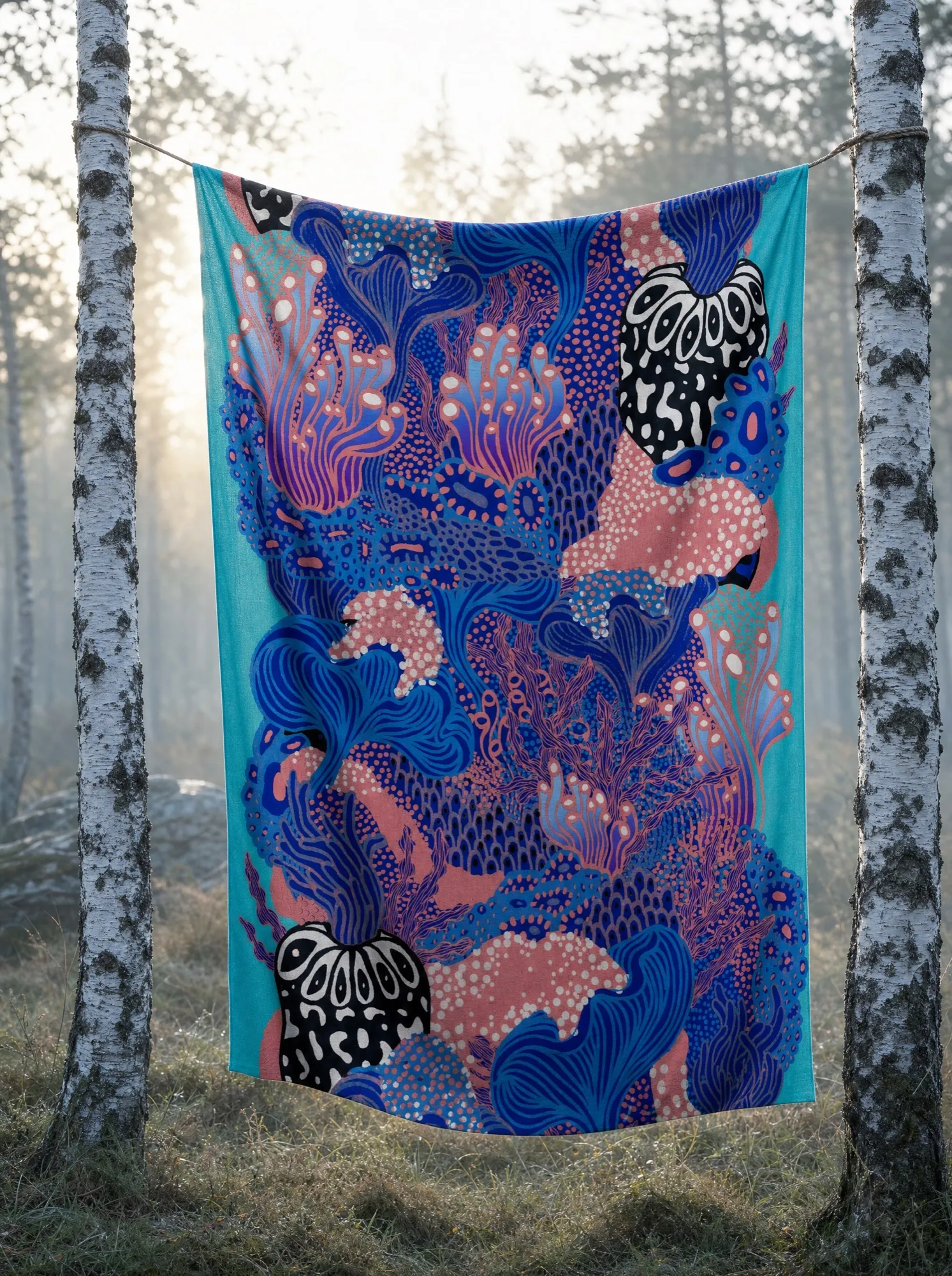 A visualisation of Coral Garden as a full length of fabric suspended between birch trunks, with cobalt-blue and coral-pink forms against turquoise.
