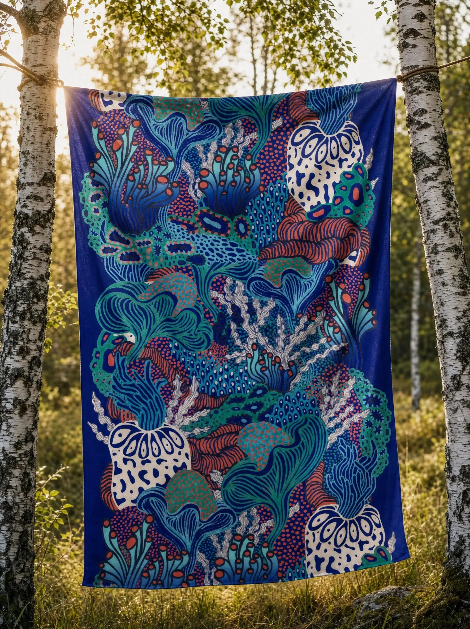 A visualisation of Coral Garden hanging between birch trunks in backlight, with turquoise and green coral forms and coral-red dots against deep blue.