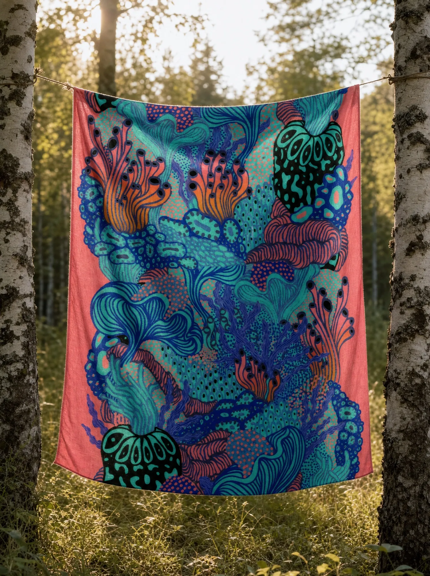 A visualisation of Coral Garden hanging between sunlit birch trunks, with turquoise and green coral forms and black eye-like rings against coral pink.