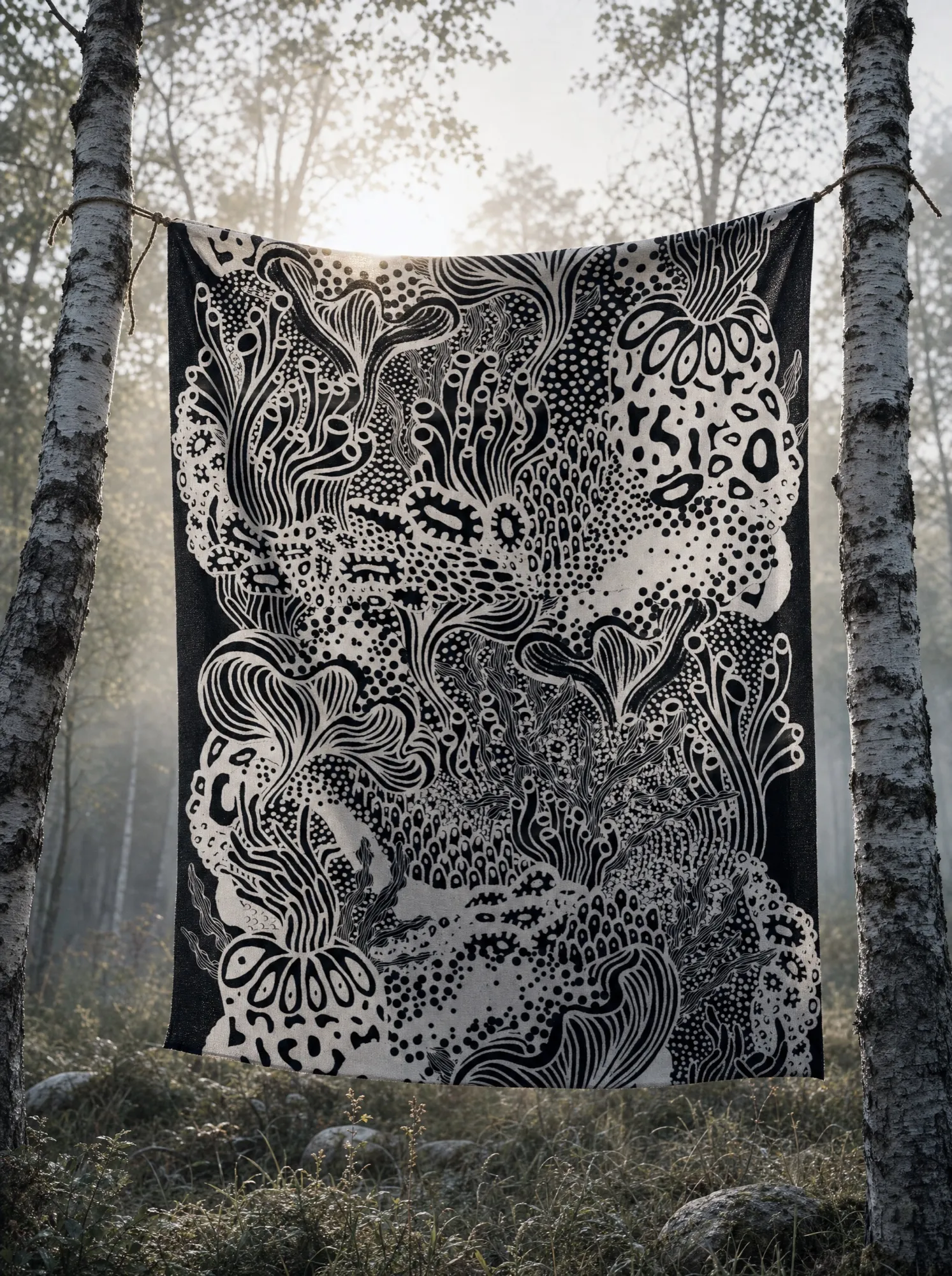 A visualisation of Coral Garden in a black-and-white colourway, hanging between birch trunks in mist, with flowing coral forms, fine lines and dotted textures.