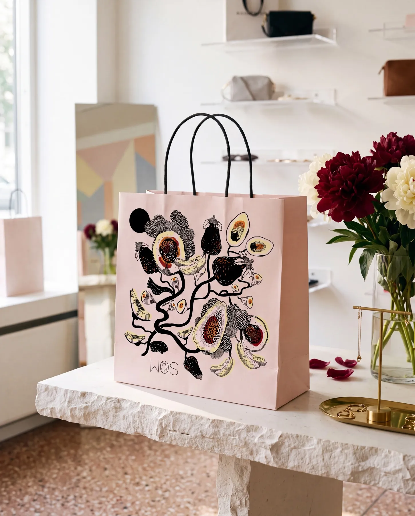 Ljusrosa papperspåse med svarta tvinnade handtag på en grovhuggen stenbänk i en ljus butik, med pioner i vinrött och vitt bredvid: påsen bär en tecknad illustration av uppskurna frukter — fikon, papaya, bananer och auberginformer med kärnor — i svart punkterad tusch med inslag av ockra, rött och blekgult, och WOS-logotypen nedtill — uppdrag av Amandah L'Narte för WOS